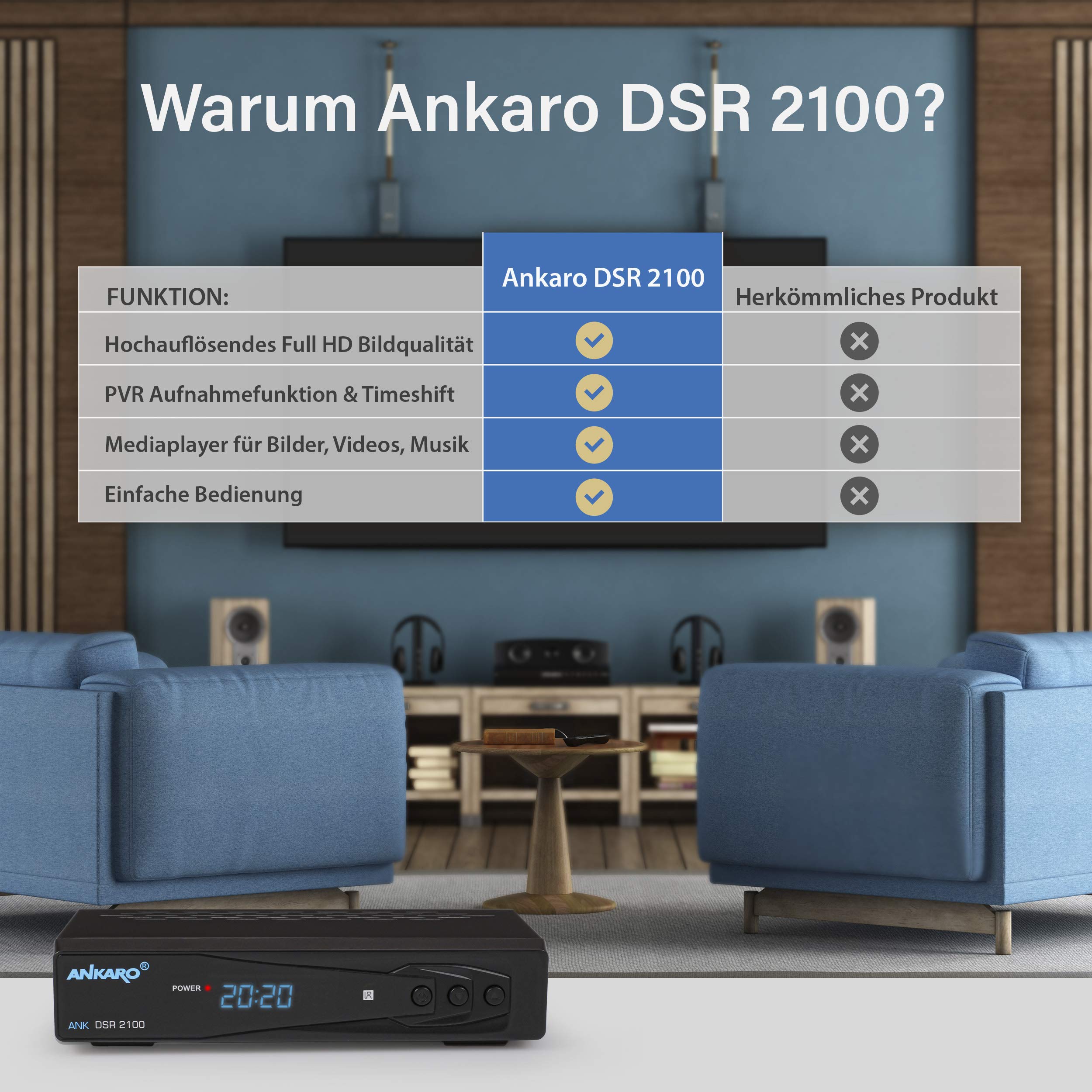 ANKARO DSR 2100 digitaler Full HD 1080p Satelliten Receiver schwarz mit USB Mediaplayer, Aufnahmefunktion und Timeshift/HDMI/Scart/LED Display / 12V Netzteil ideal für Camping