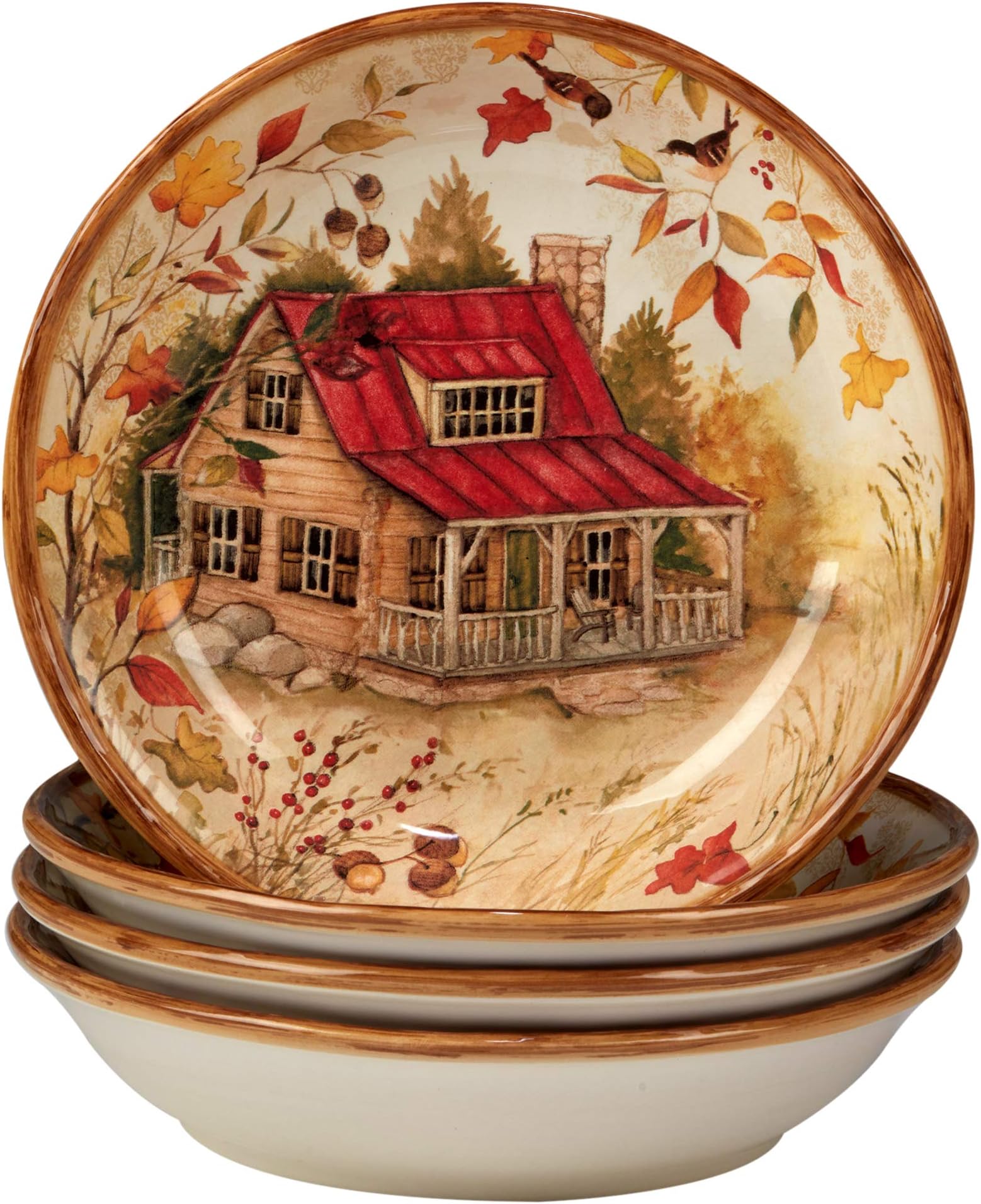 Pine Forest 24 oz. Ceramic Soup & Cereal Bowls, Set of 4 – Autumn Cabin-Inspired Woodland Bowls for Hearty Soups, Chili, Oatmeal, Stews, Fall Serving, Farmhouse Decor or Thanksgiving Tableware