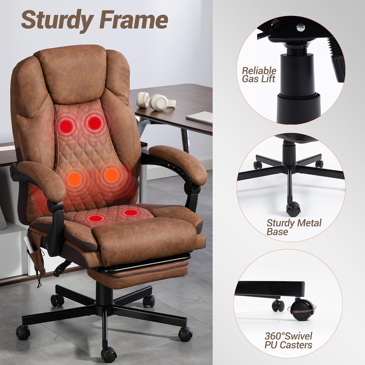 Massage Office Chair with Foot Rest, 6 Points Vibration Heating Executive Chairs Ergonomic Home Office Desk Chair with Reclining Backrest, Adjustable Arms and Lumbar Support, PU Leather, Brown