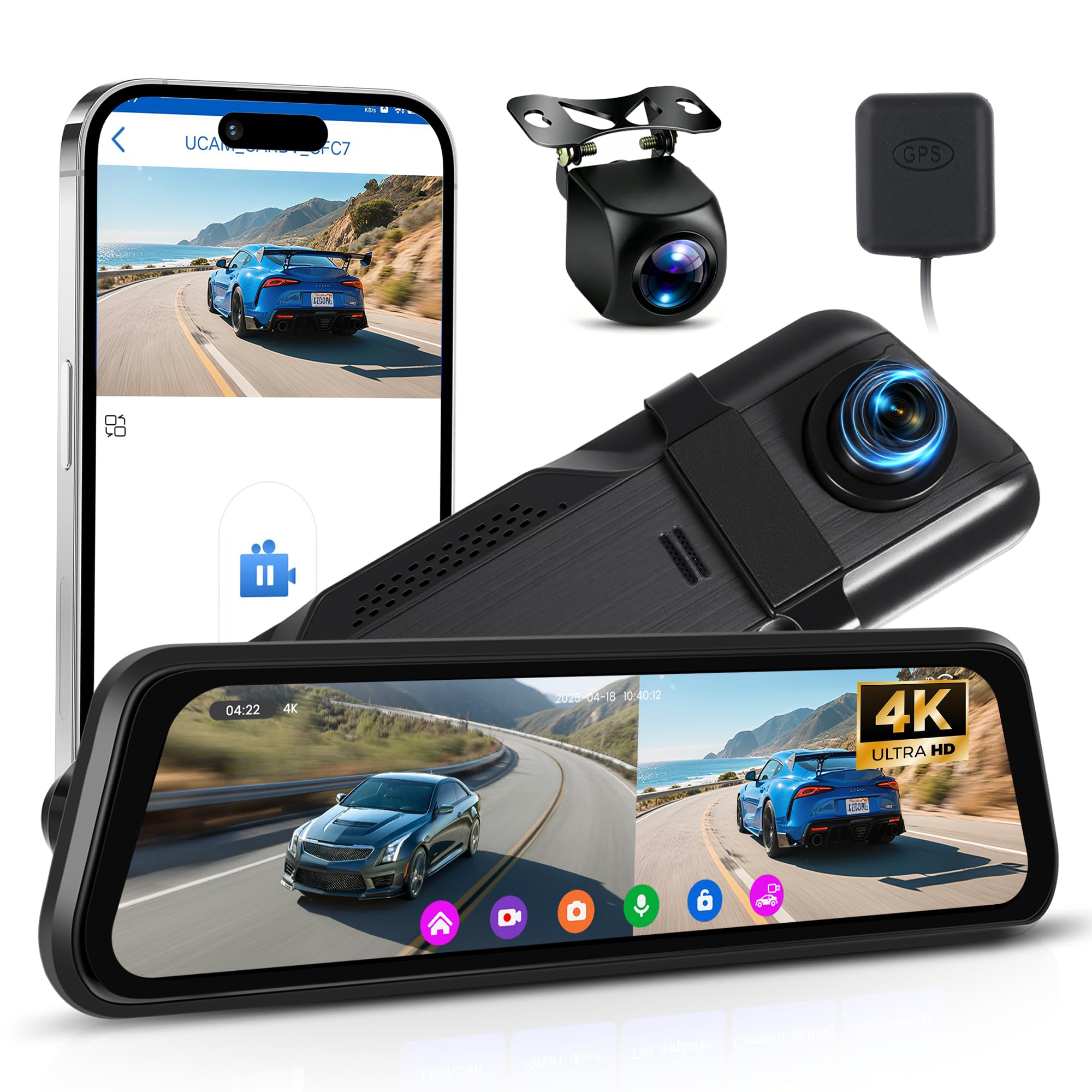 Rimoody 4K Espejo Retrovisor Coche Dash CAM Cámara 9.66 Pulgadas Pantalla Táctil IPS Dashcam Vista Delantera y Trasera Cámaras Visión Nocturna HDR/GPS/WiFi y App Control/BSD y ADAS/Sensor G/Loop Video