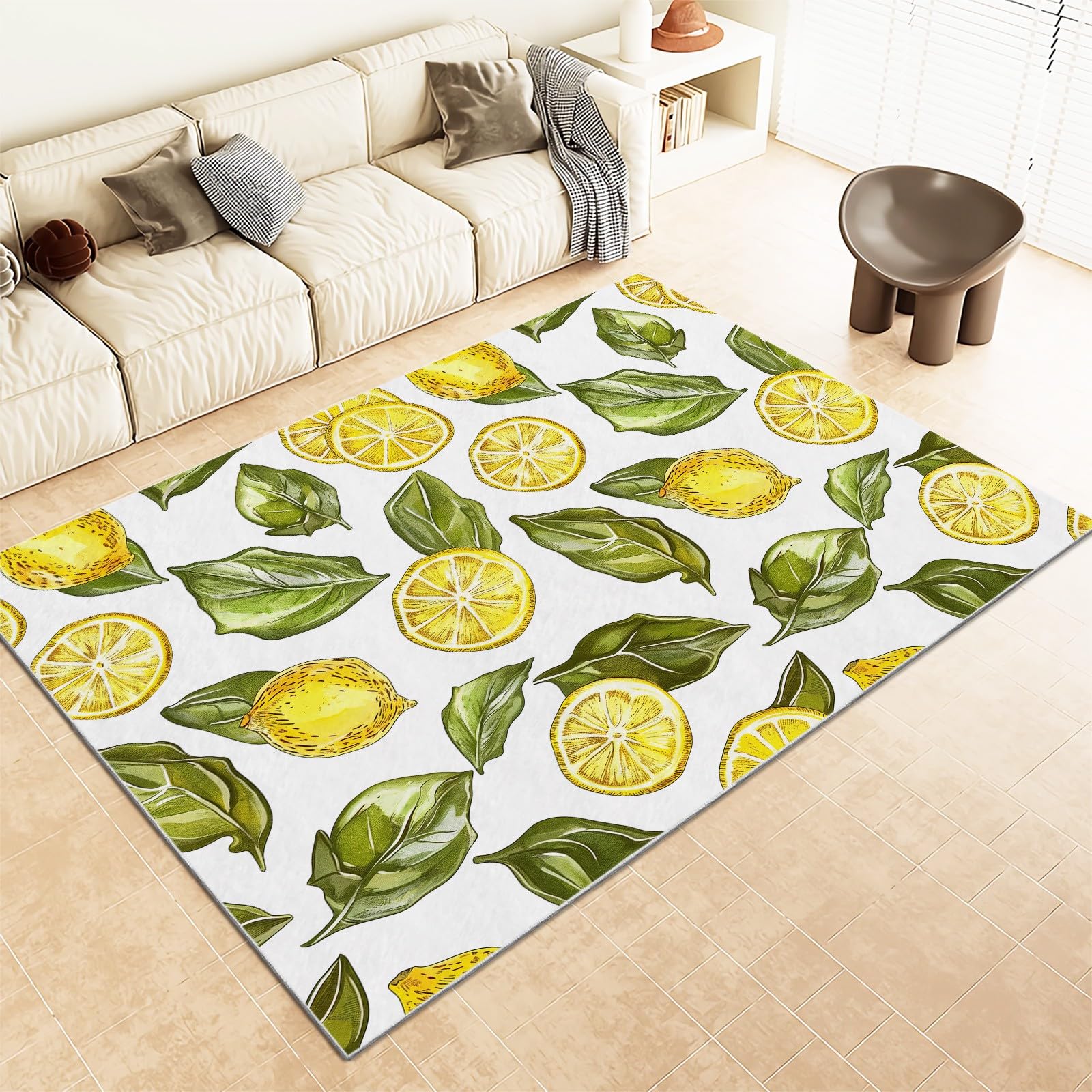 Generisch Teppich Wohnzimmer 120 x 170 cm Weiß Handgezeichneter Stil Zitronen Blätter 3D Fußmatte Jugendzimmer Esszimmer und Schlafzimmer Teppich Kurzflor Bodenmatte Extra Weich Pflegeleicht