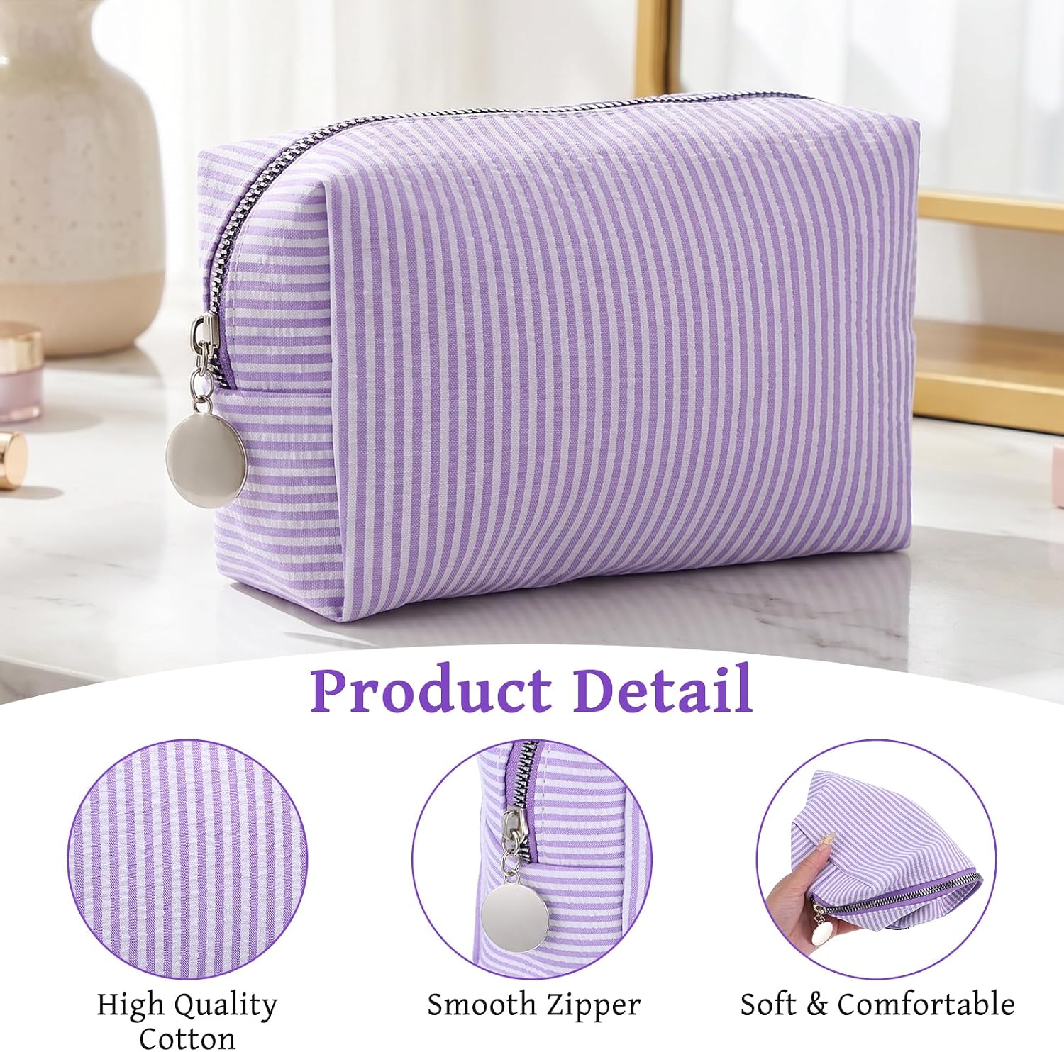 10 Pcs Seersucker Makeup Bags Bulk Striped Cosmetic Bag Travel Toiletry Organizer Pouch Set for Women Aesthetic Cute Preppy Storage Large Zipper Pouch for Wedding Bridesmaid Mom Gift