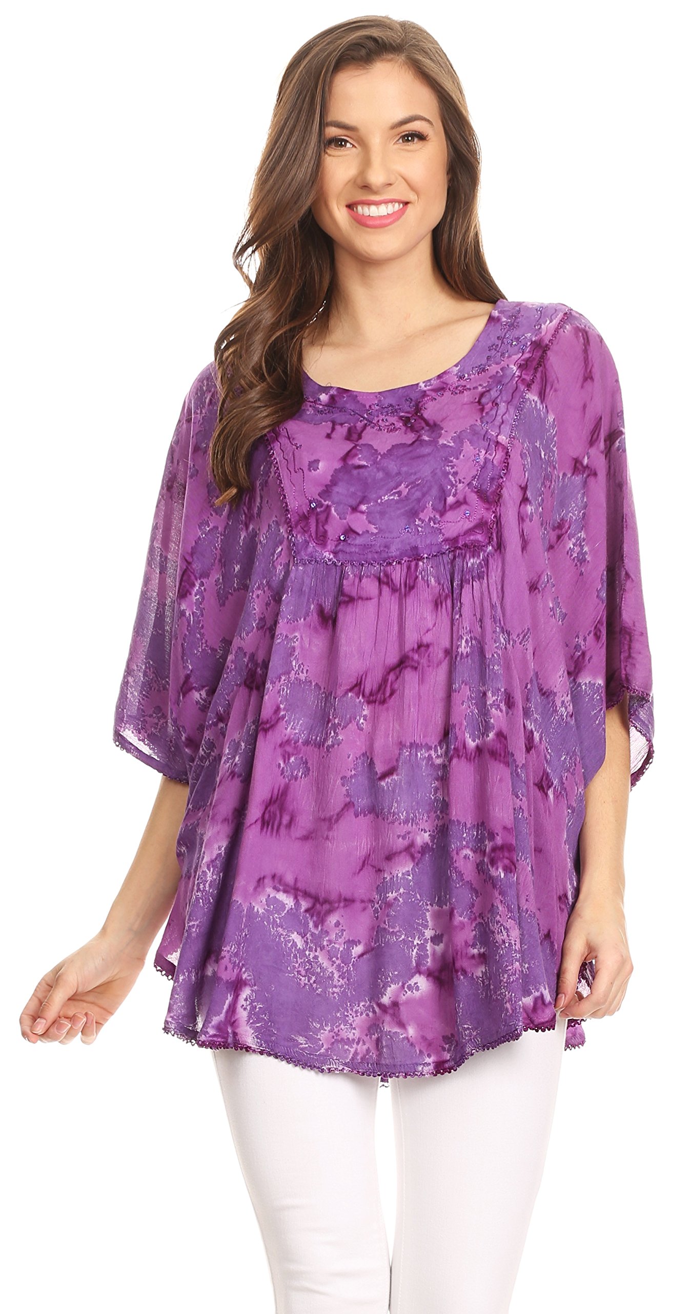 Sakkas Cleeo Long Large Tie Dye Dentelle brodée Sequin Poncho Blouse Top Cover Up