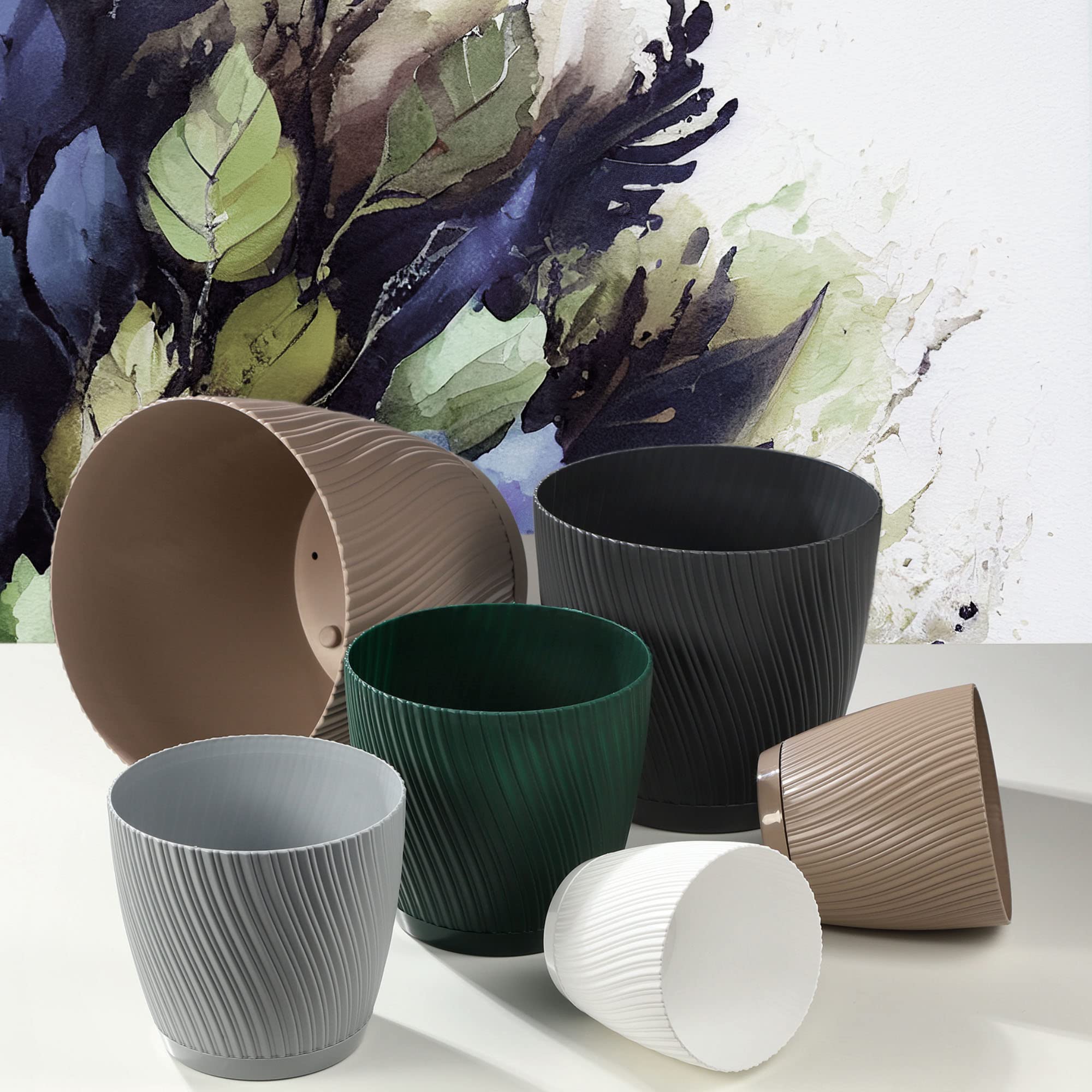 KADAX Maceta con plato, maceta en forma de onda tridimensional, maceta de plástico, maceta decorativa para flores, cactus y hierbas (15 cm, verde)