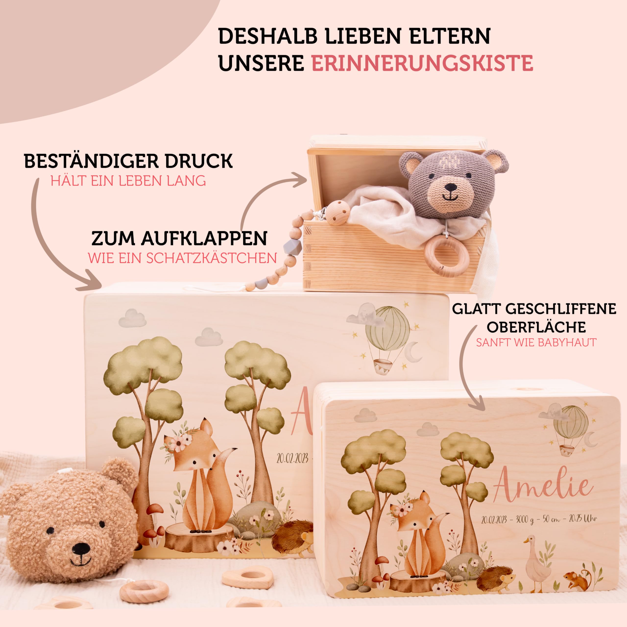Erinnerungsbox Baby - Personalisierte Geschenke mit Namen | Holzkiste mit Deckel bedruckt mit Schadstofffreie Latextinte - Geschenke zur Geburt & Taufgeschenke für Mädchen & Jungen