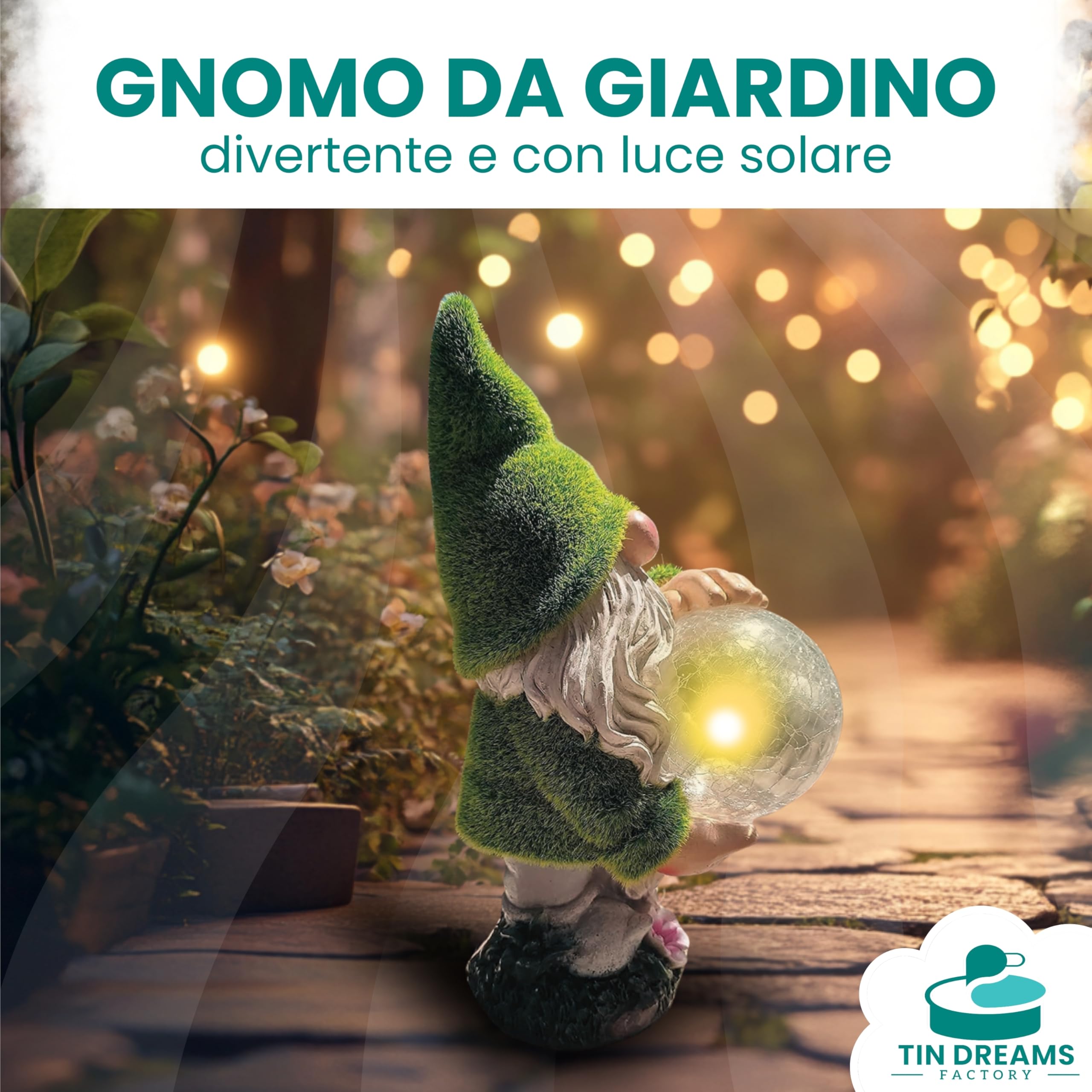 Gnomo Vedente con Luce Solare – Figura Decorativa da Giardino in Resina – Nano con Sfera Luminosa LED – Decorazione Originale per Giardino, Terrazza e Patio