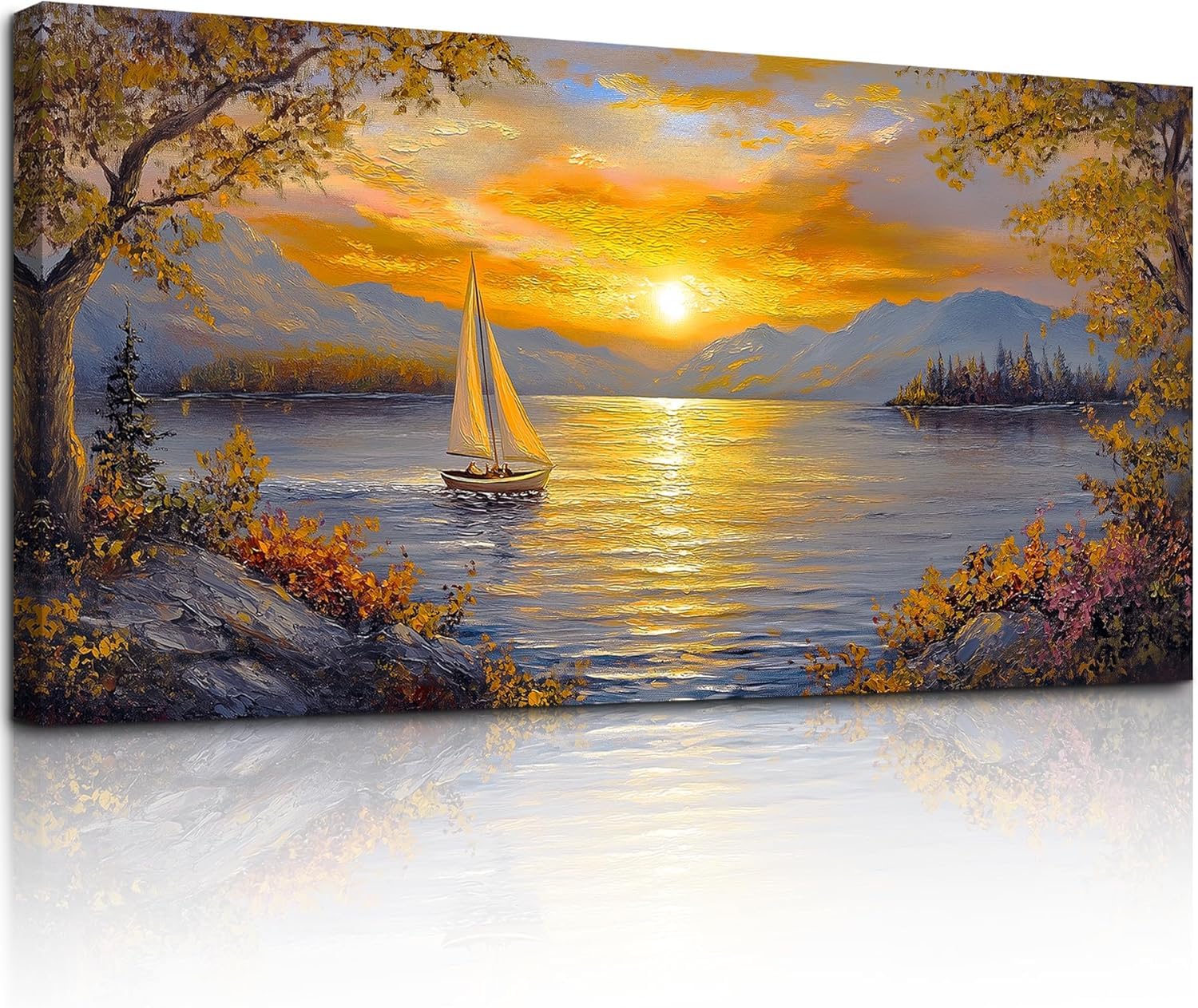 lianyibo Sunset Wall Art, Lake Art Wall Decor, Sailboat Wall Art, Mountain Landscape Large Art Prints, Living Room Decorations(70x140/Frameless)