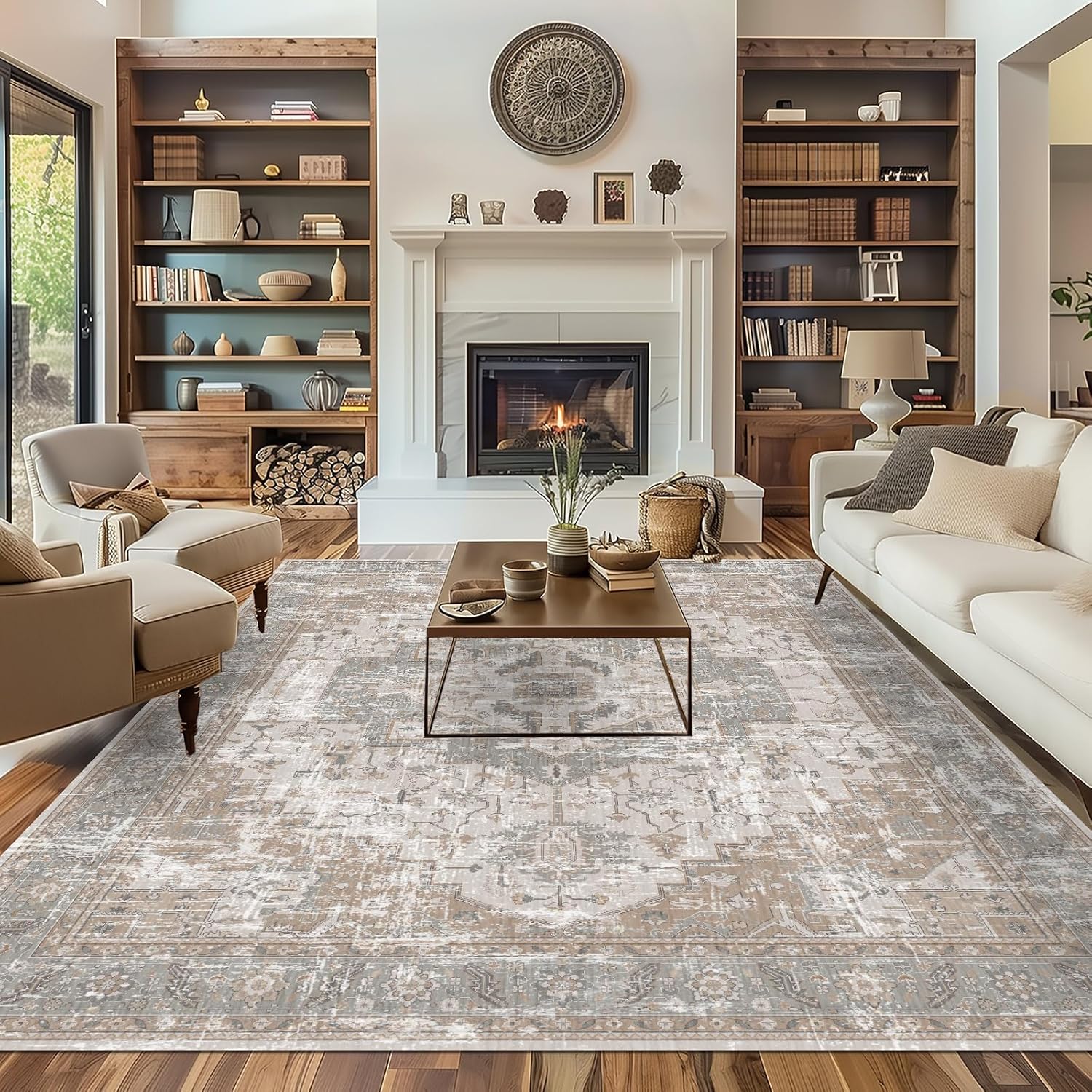 Living Room Area Rugs Boho Washable Vintage Taupe Dusty Blue 8x10 Neutral Modern Non Slip Carpet for Nursery Dining Room Bedroom Farmhouse Taupe 8'x10’