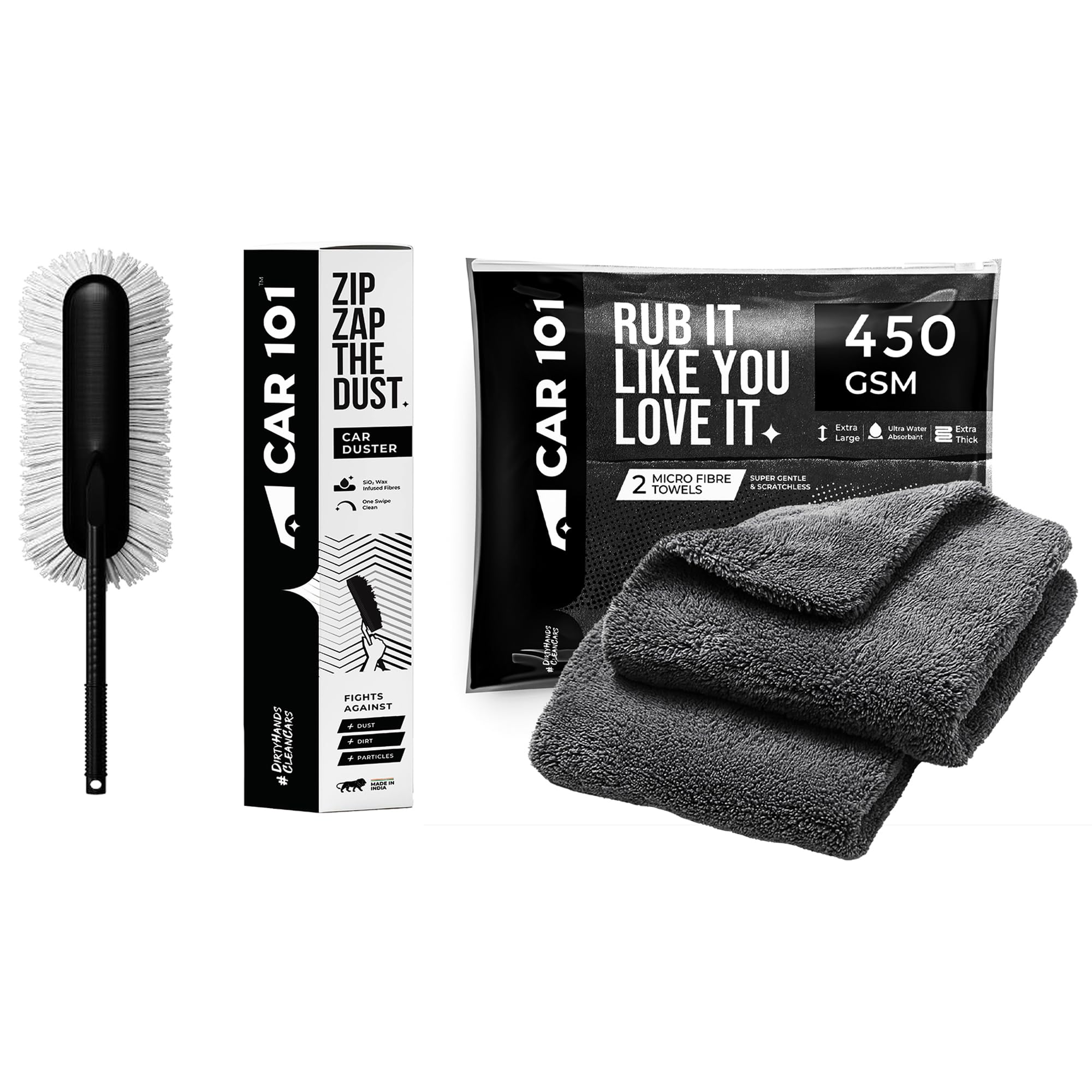 CAR101 450GSM Multipurpose Microfiber Cloth (Pack of2) & Zip Zap Ceramic Wax Car Duster - Combo | Ultra Soft & Scratch-Free | Superior Absorbency |for Car Bike Cleaning Polishing Washing & Detailing