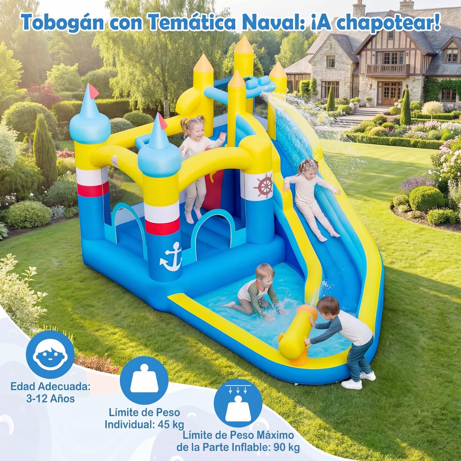 COSTWAY Castillo Hinchable con Tobogán, Castillo Inflable Infantil con Piscina de Chapoteo, Cañón de Agua, Rocódromo, Baloncesto Inflable y Bolsa de Transporte, 431 x 290 x 259 cm (Sin Soplador)