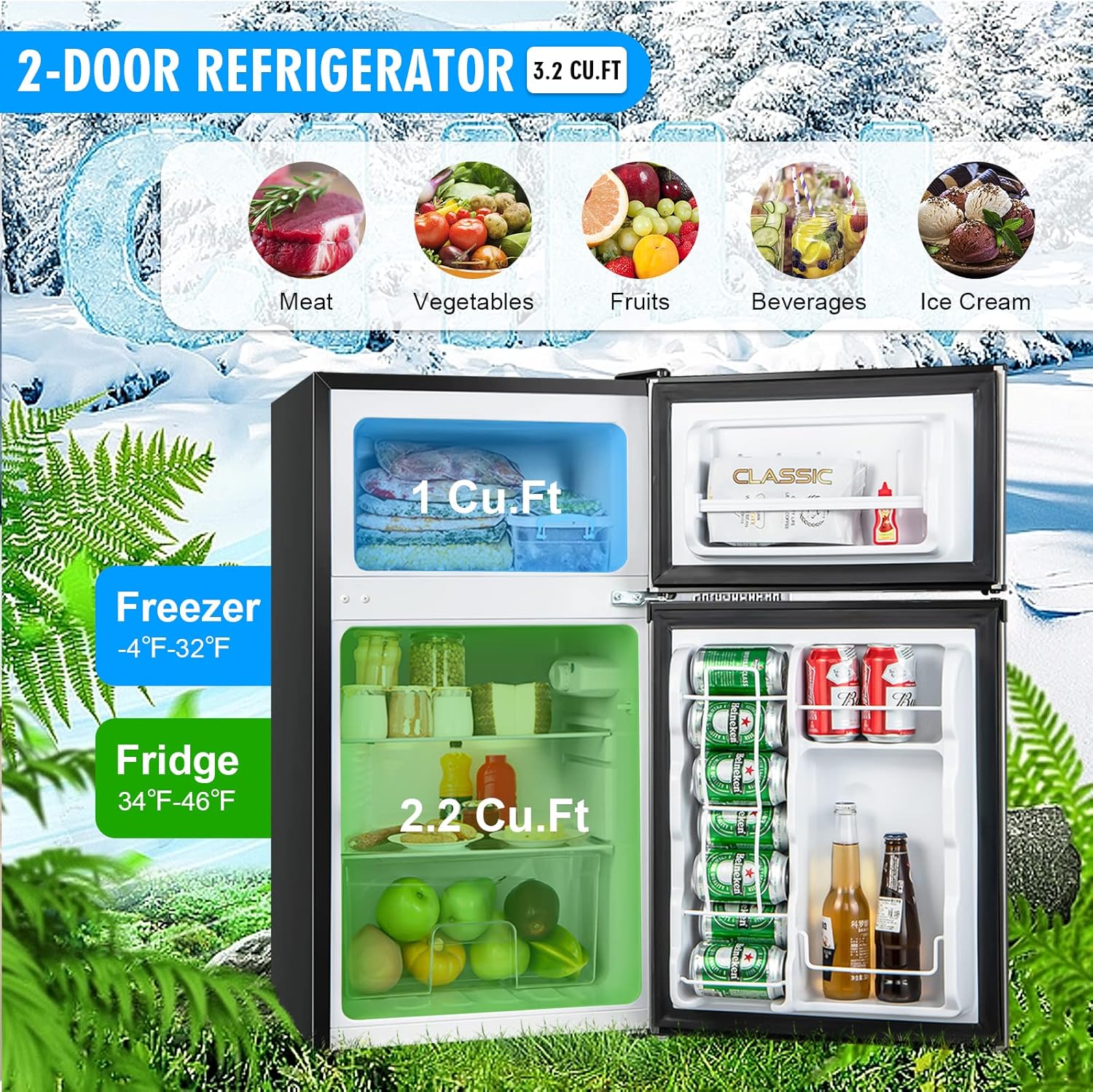 KOTEK 3.2 Cu.Ft Mini Fridge with Freezer, Silver Compact Refrigerator/Freezer with Reversible 2 Doors, 5 Level Adjustable Thermostat, & Removable Glass Shelves, Mini Fridge for Bedroom/Dorm/Office