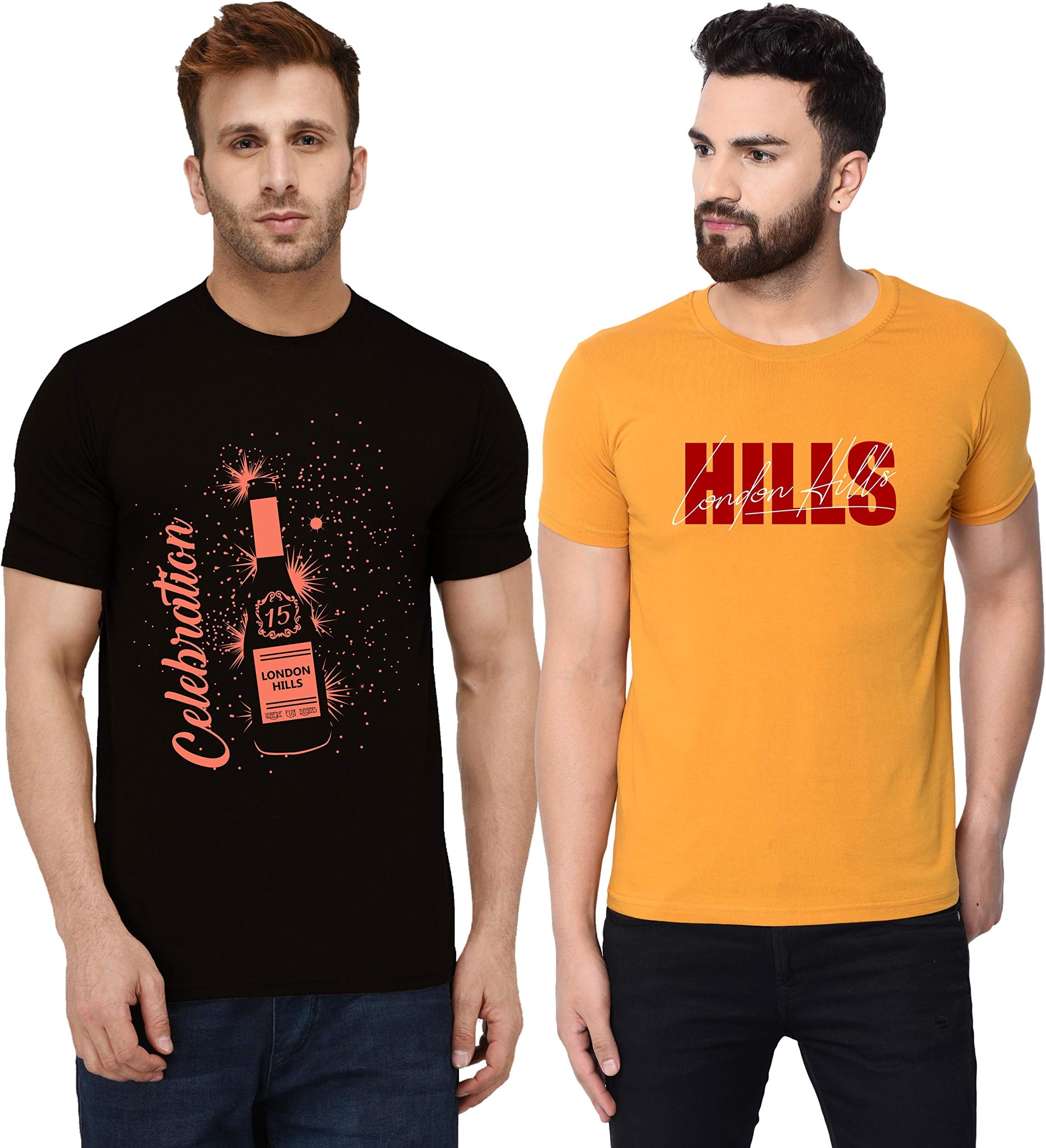 London Hills Mens Cotton Blend Slim Trendy Printed Crew Neck/Round Neck Half Sleeve Tshirt - Pack of 2