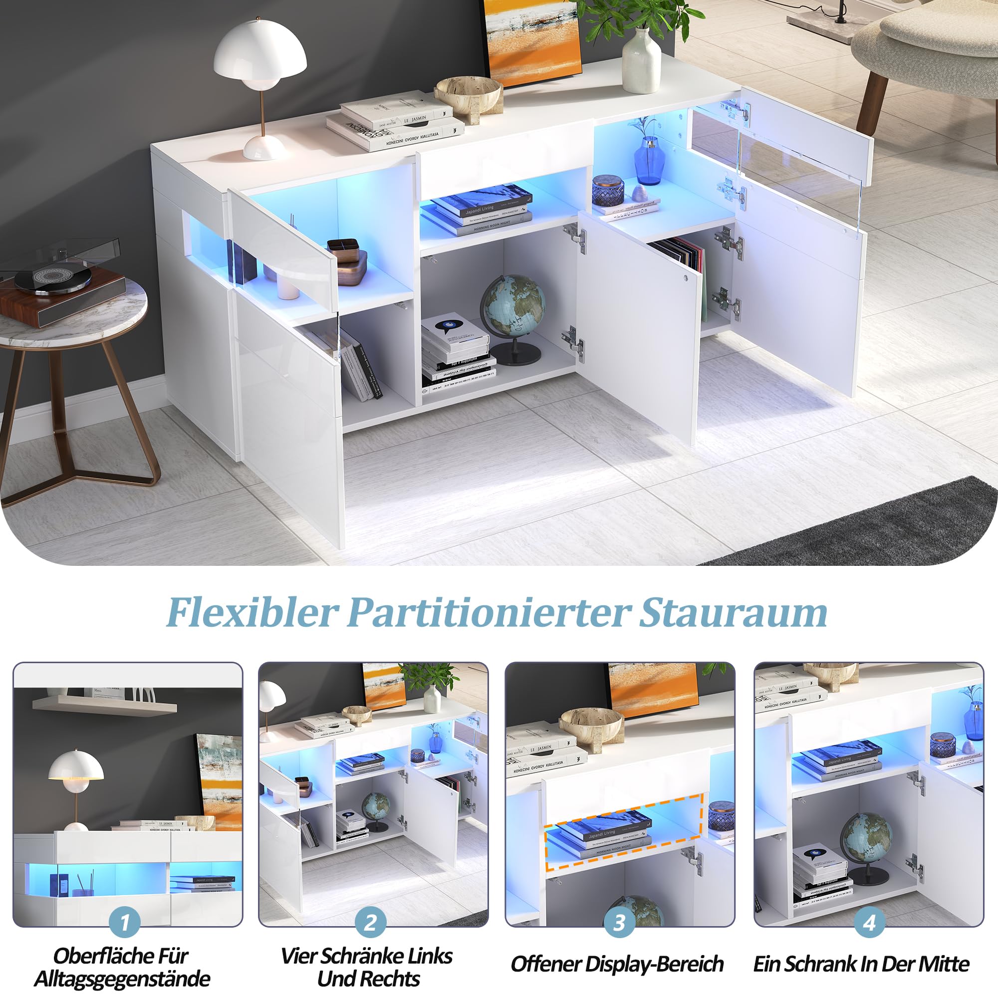Wohnzimmer-Sideboard, Schrank mit 3 Türen und 7 Ablagefächern, Hochglanz-Wohnzimmerschrank mit LED-Lichtleiste, Allzweckschrank mit Transparentes Acrylgehäuse, 140 * 40,5 * 66,5cm, Weiß