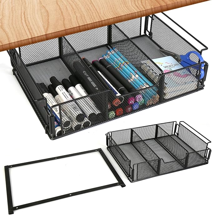 EsOfficce Under Desk Drawer Organizer, Slide Out Desk Drawer,Black Metal Hidden