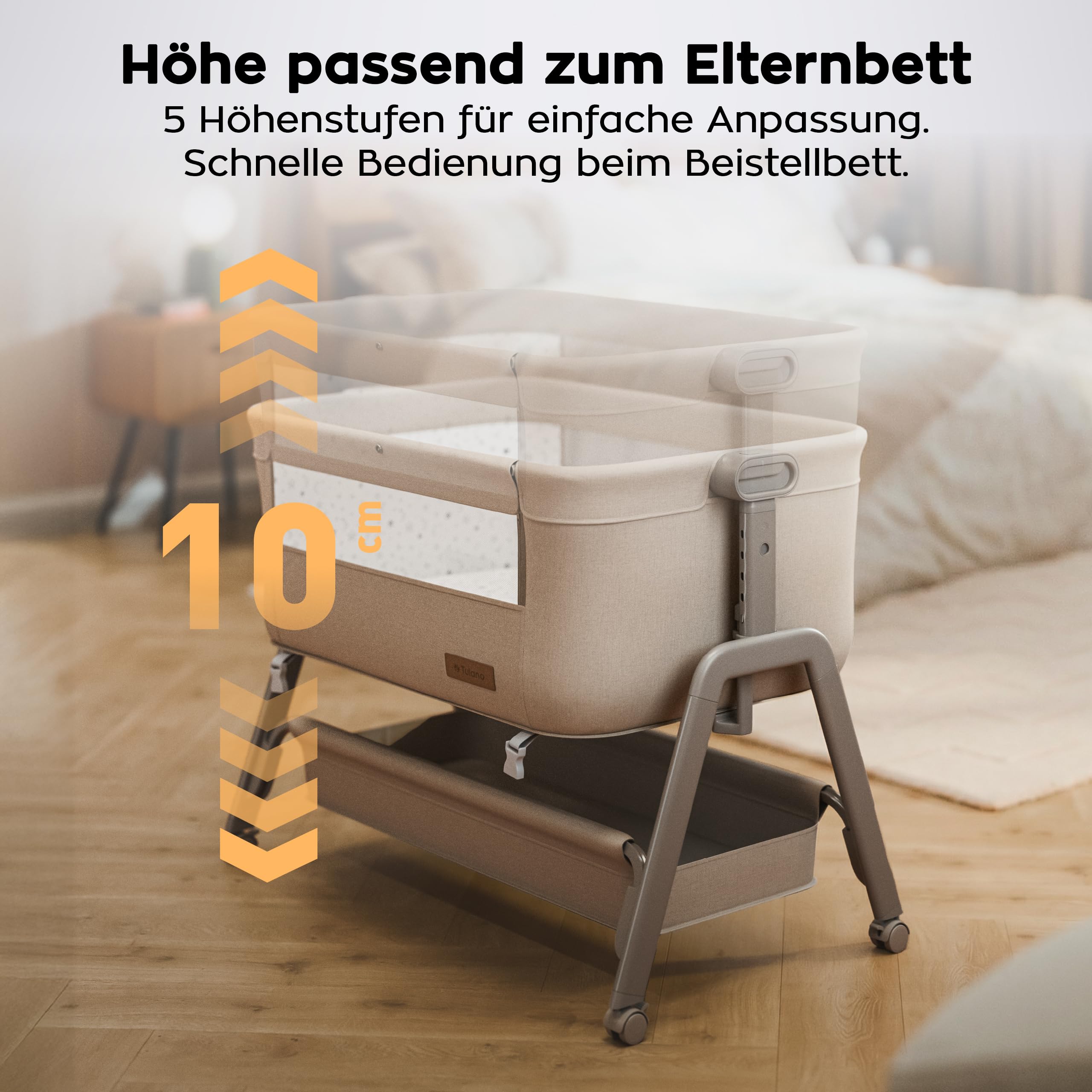 TULANO Dream 50 3in1 Beistellbett Baby mit Rollen - Babybett - Reisebett | mit matratze - höhenverstellbar - bis 9kg - Neigbare Liegefläche - Mit Moskitonetz und Aufbewahrungskorb - Beige