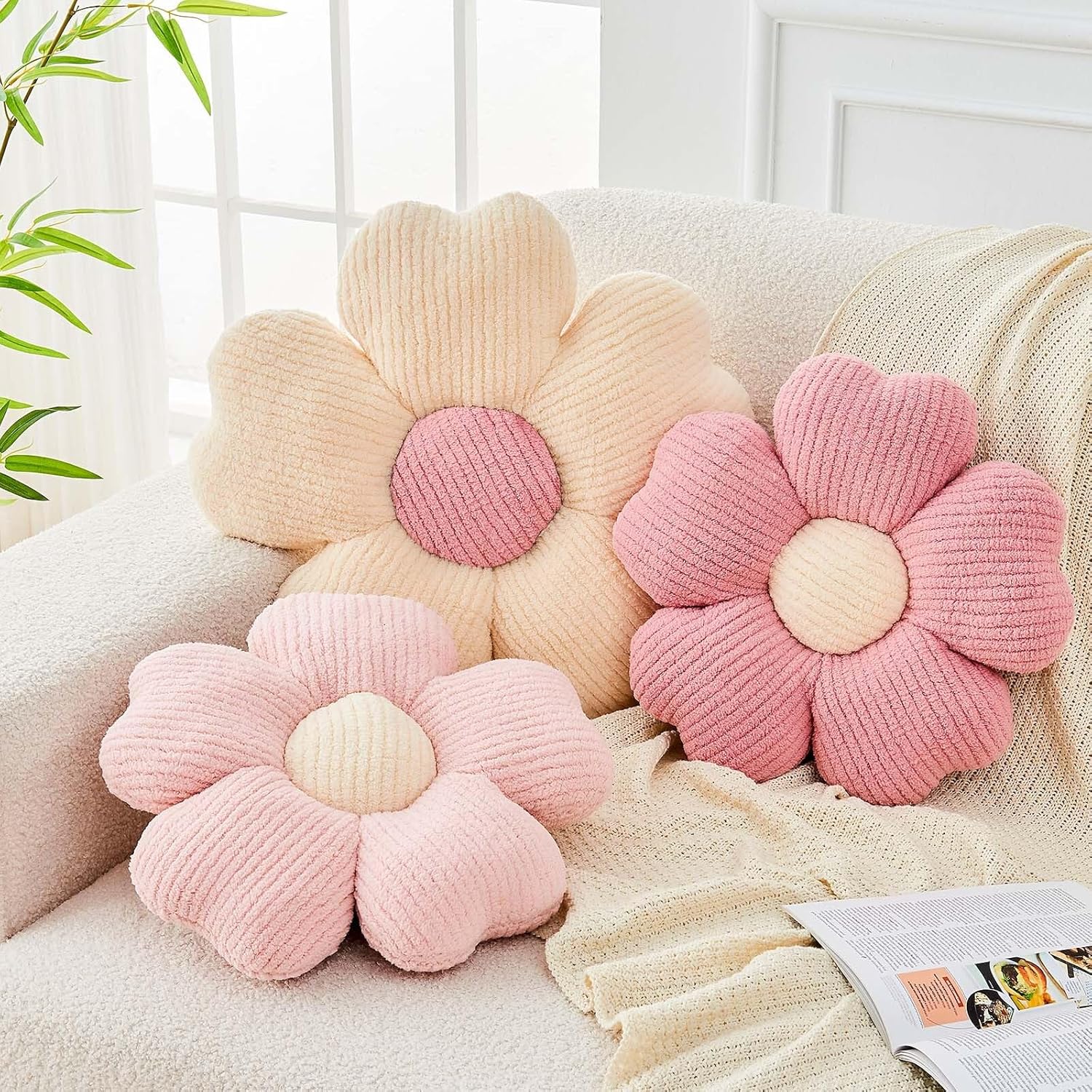 Flower Throw Pillow, Cute Flower Shaped Pillow Decorative Throw Pillow for Bed Couch, Soft Daisy Pillows Floor Seating Cushion Cushions (14.9 Inch Ivory+Pink) - Image 3