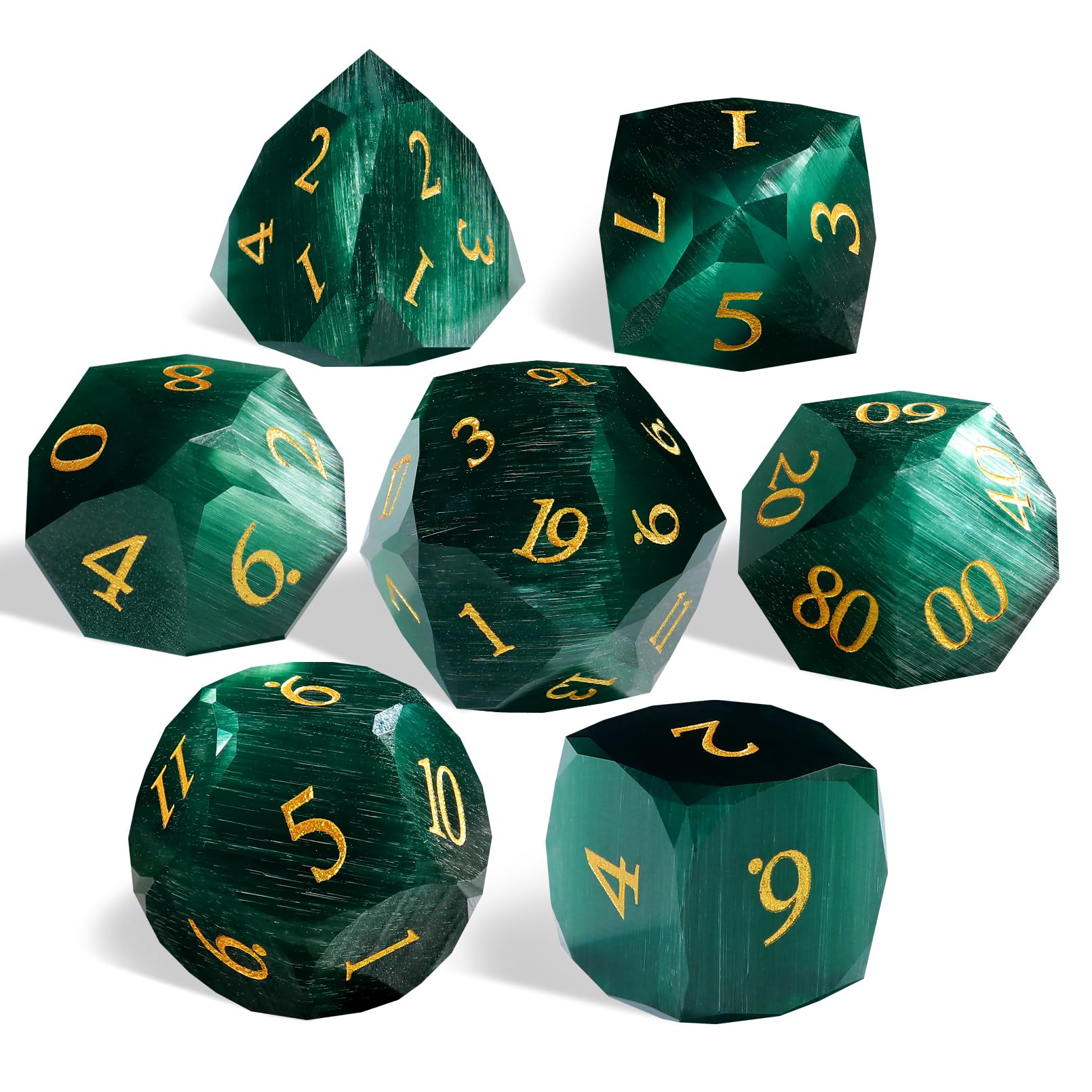 Green Cat's Eye Dice Set, 7-Piece Handcrafted Polyhedral Dice with Gold Engraving, Ideal for D&D, RPG, MTG & Tabletop Games, Gift Box Included (Cat's Eye - Dark Green)