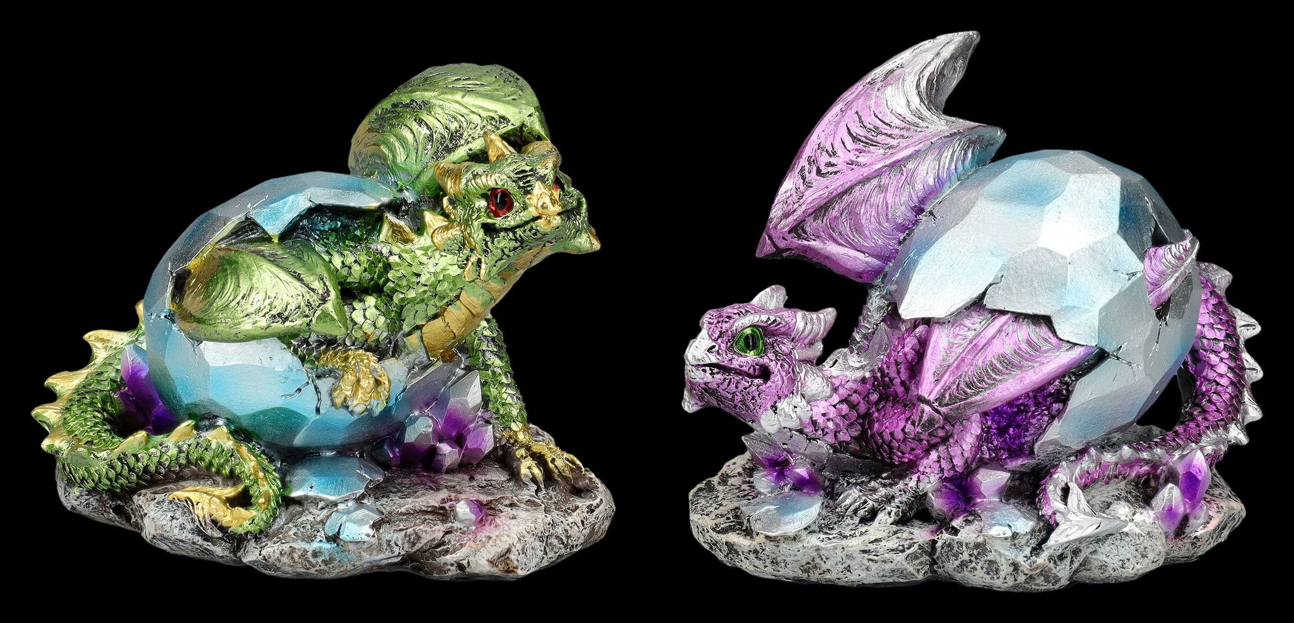 Figuren Shop GmbH Zauberhafte Kristallwächter Drachenbabys: 2er Set, Grün & Lila, Eier in Kristalloptik, 9 cm, Drache Figur Deko