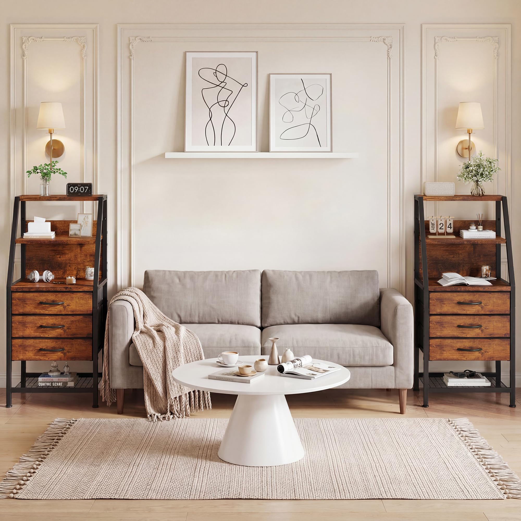 Feonase Breiter Nachttisch mit 3 Stoffschubladen und offenem Fach, geeignet für Schlafzimmer, Sofa und kleine Wohnzimmer, Vintage-Farben