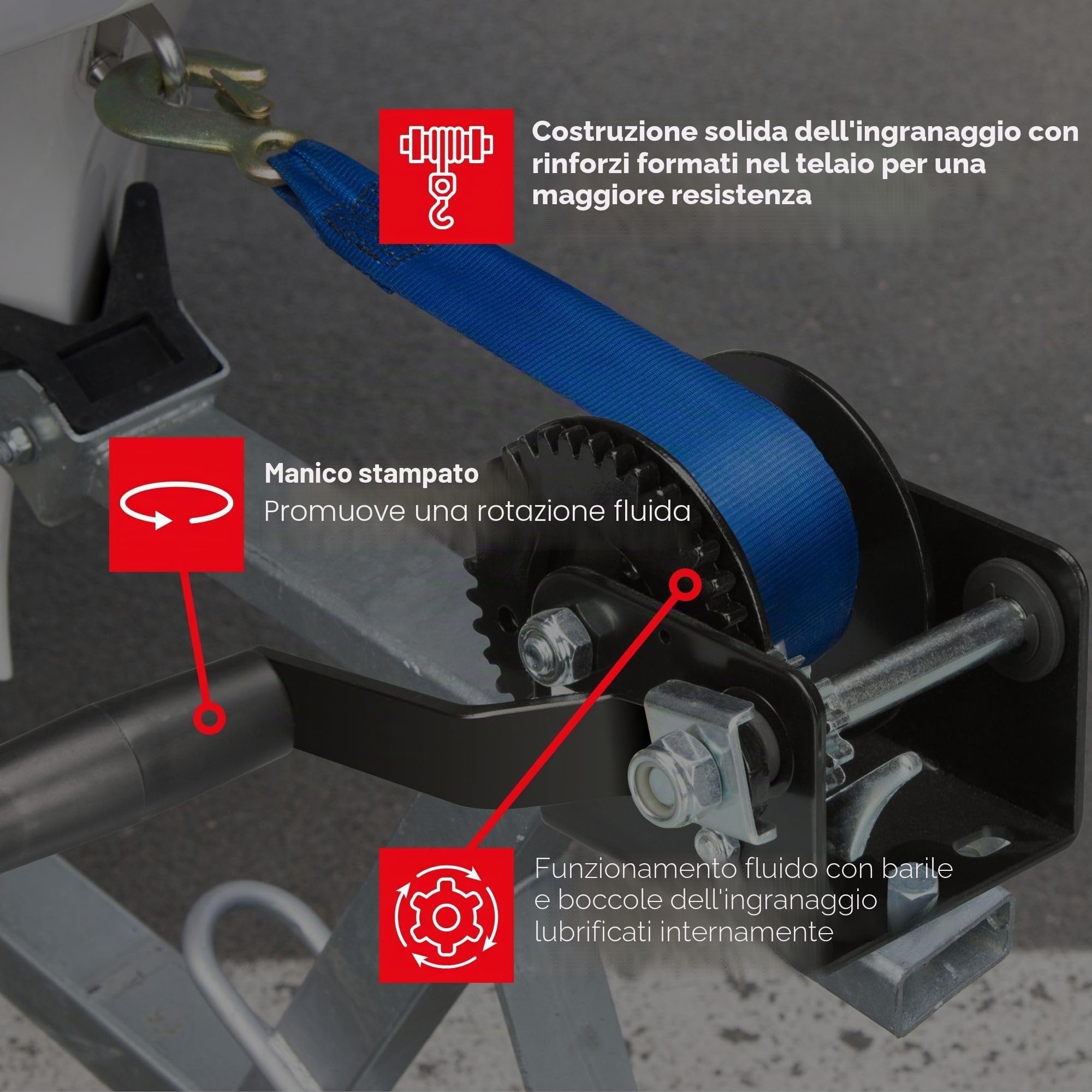 Toolland Argano manuale 250 kg acciaio inox con cricchetto e cavo, rapporto 3.1:1, argano da rimorchio nero con manovella ergonomica, ideale per barca, rimorchio e sollevamento