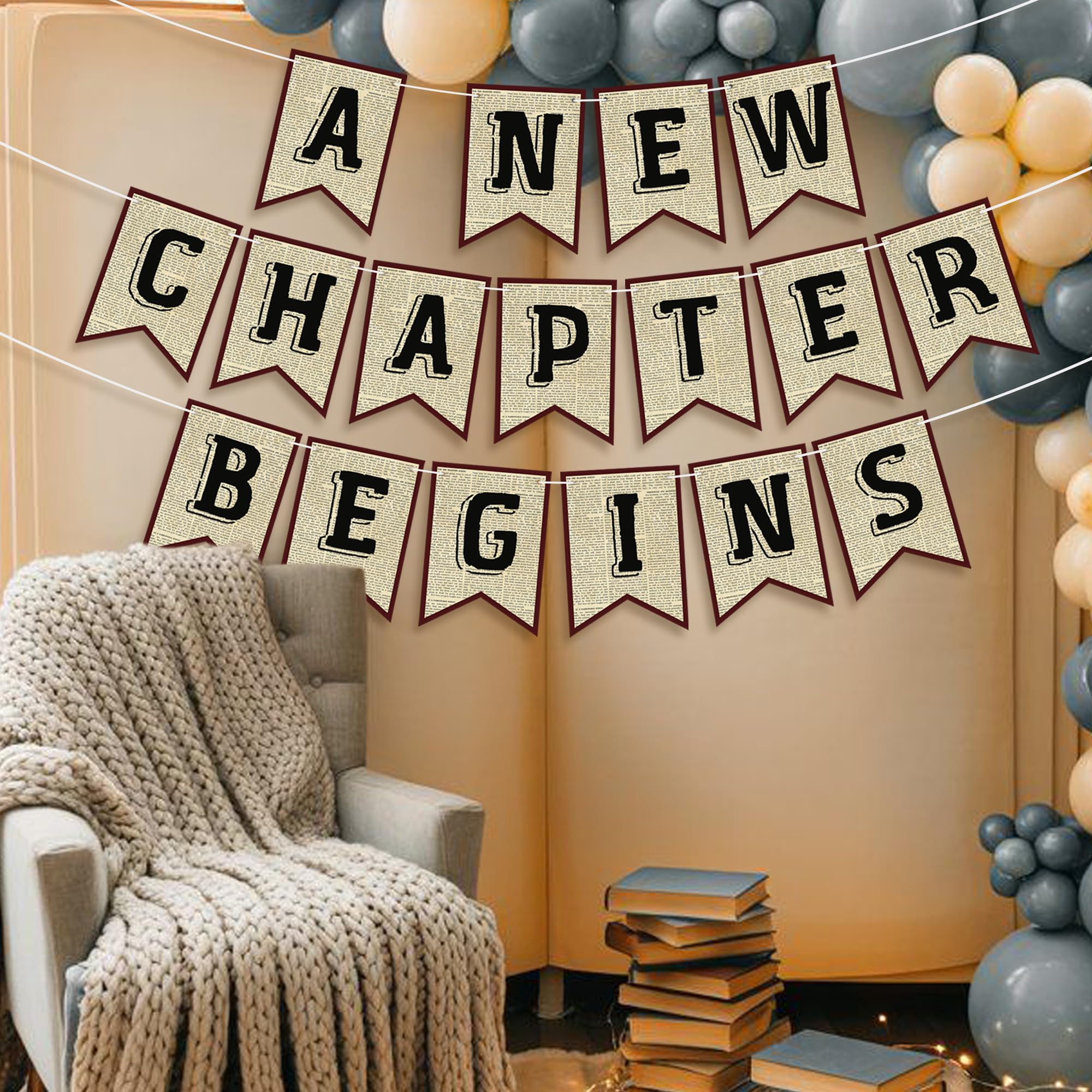 Partybanner "A New Chapter Begins", Vintage-Buch, Kapitel 1, Party-Girlanden für Geburtstag, Babyparty, Buchclub, 3 Stück