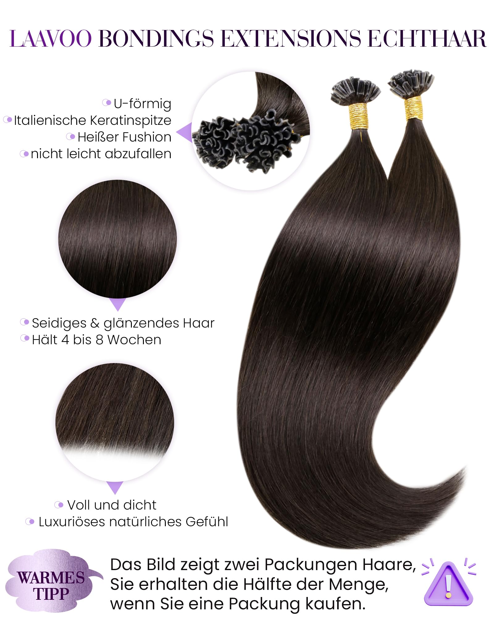 LaaVoo Bondings Extensions Echthaar Dunkelbraun Echthaar Extensions Mit Keratin Bondings Braun 1g/s U Tips Extensions Echthaar Bondings Dunkelstes Braun 100G 60cm #2
