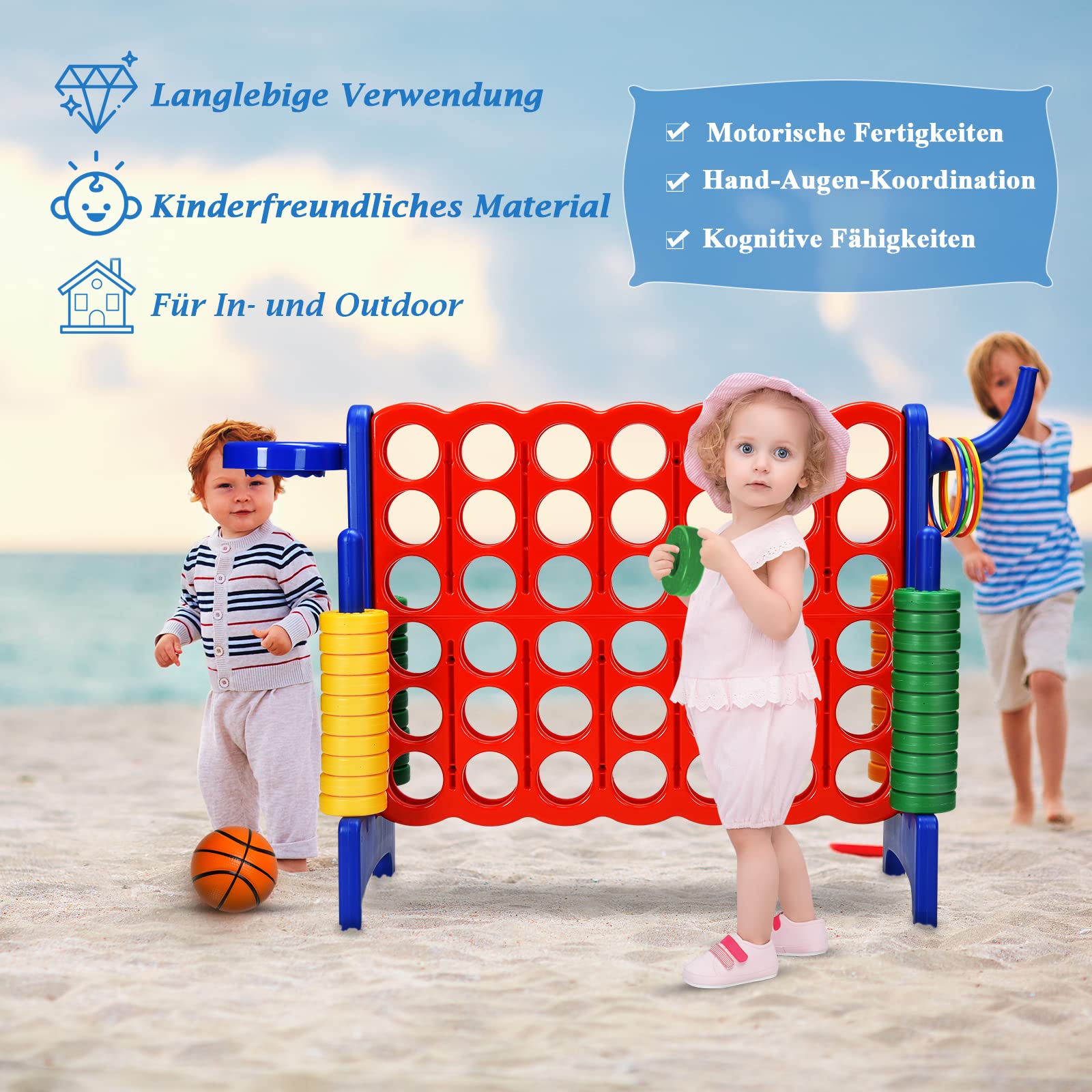 COSTWAY Riesiges 4 Gewinnt Spielset mit Basketballkorb und Wurfspiel, inkl. 42 Jumbo Ringen und Schieberegler zum schnellen Neustart, Vier in Einer Reihe Spiel groß (Rot + Blau)