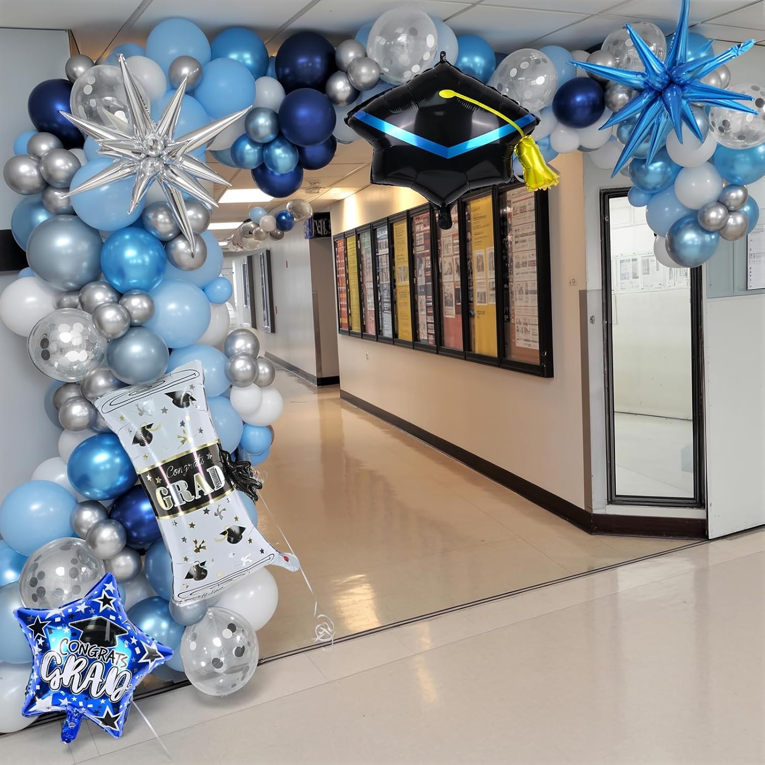 Blue Graduation Balloon Arch Garland Kit 2026, Blue White Graduation Decorations with Foil Grad Cap Diploma Star Balloons for Congrats Class of 2026 Graduates Celebrations Party Decorations
