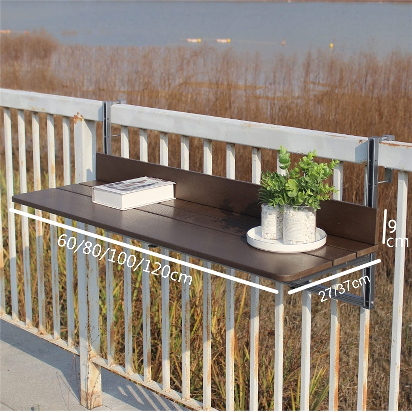 Tavolo sospeso, Tavolo da ringhiera per Balcone, scrivania Regolabile in Altezza con Balcone, tavolino o mensola da Pranzo/Sistema di Montaggio Semplice, Supporto per ringhiera, scaffale di