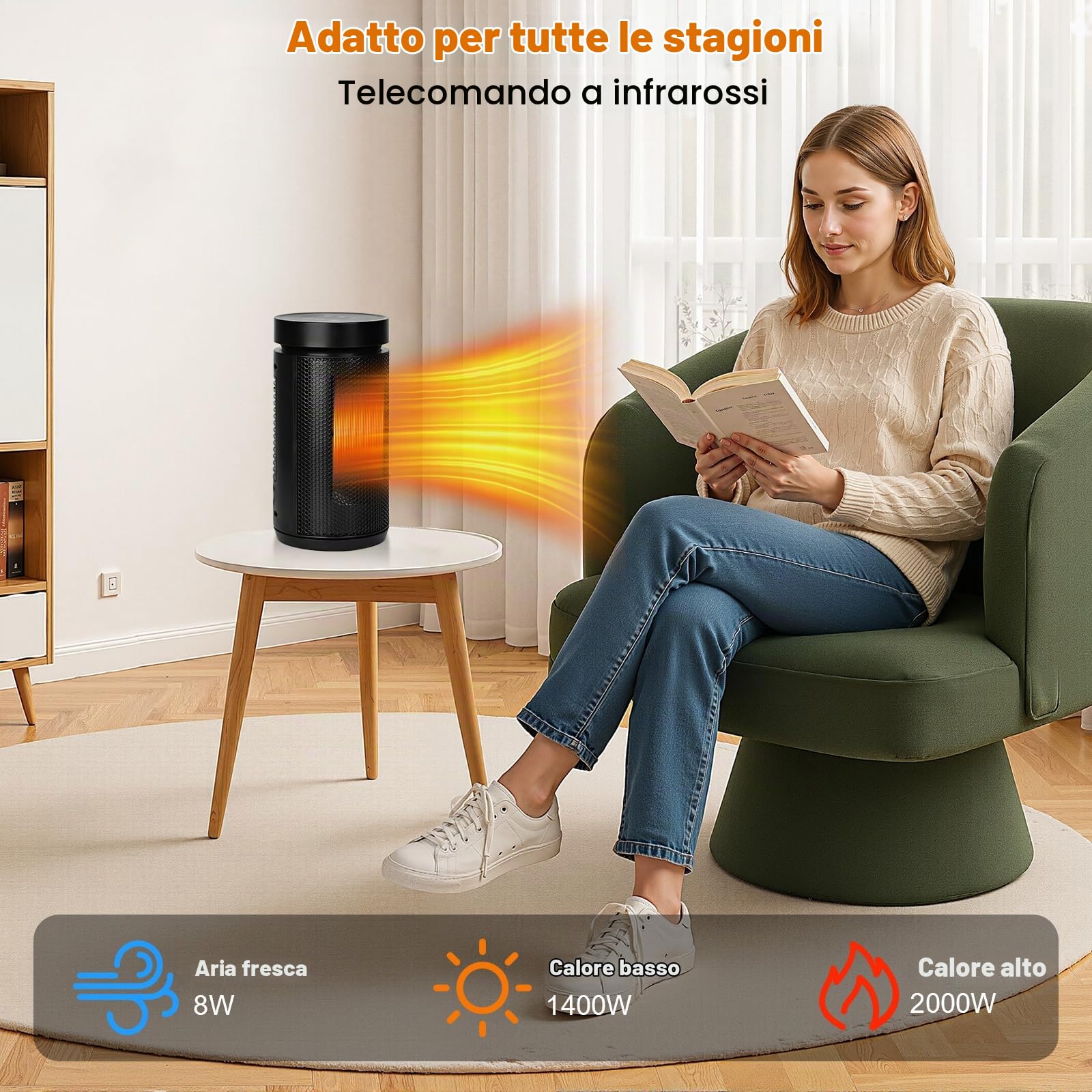 Stufetta Elettrica Basso Consumo 2000W, 3 Modalità, Modalità ECO Stufa Elettrica Basso Consumo 70° Oscillazione, Timer 12H, Telecomando, Protezione da Ribaltamento per Uso Interno