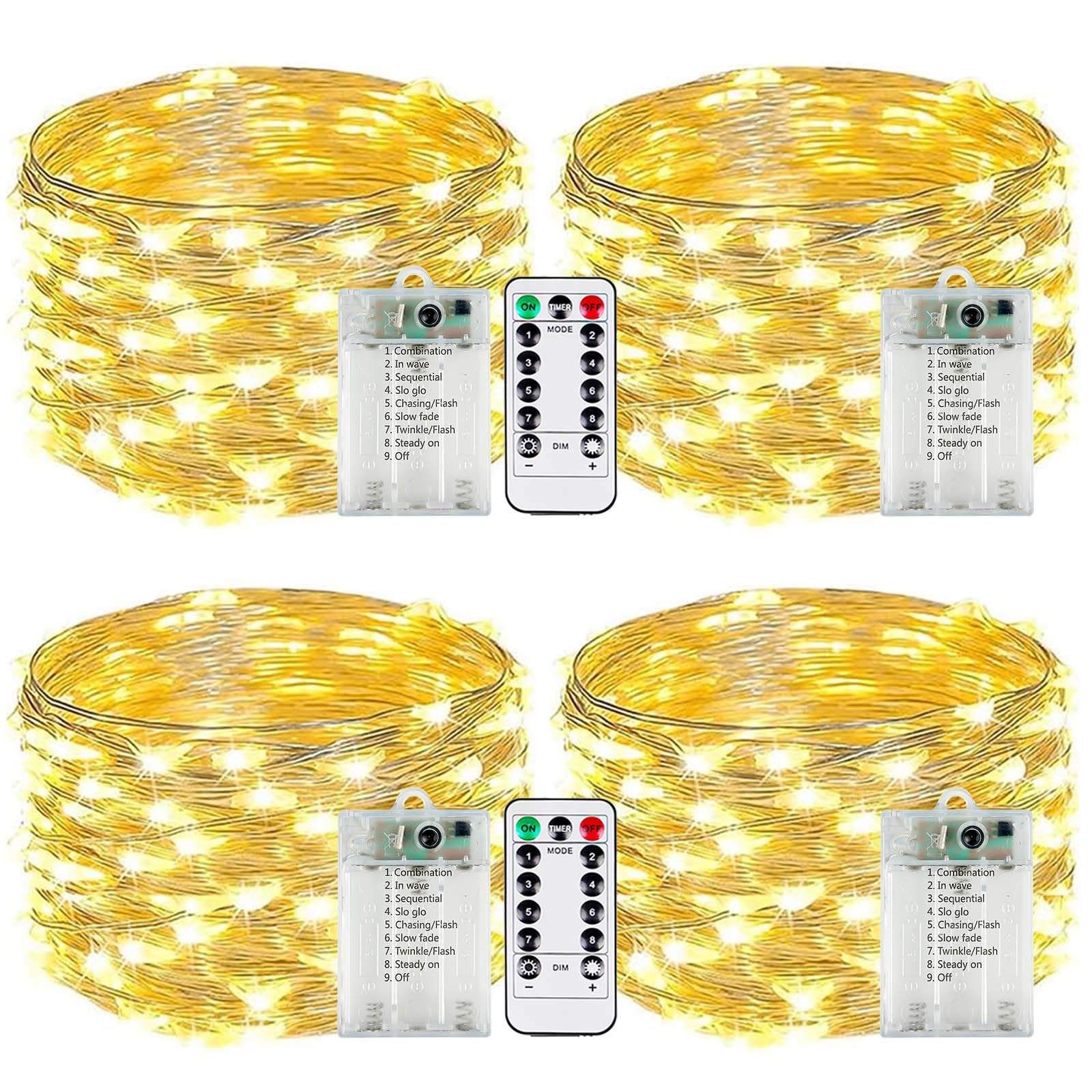 Paquete de 4 50 luces LED de hadas que funcionan con pilas con temporizador de control remoto, 16 pies, 50 luces LED para exteriores e interiores, 8 modos de luces parpadeantes para Navidad, boda
