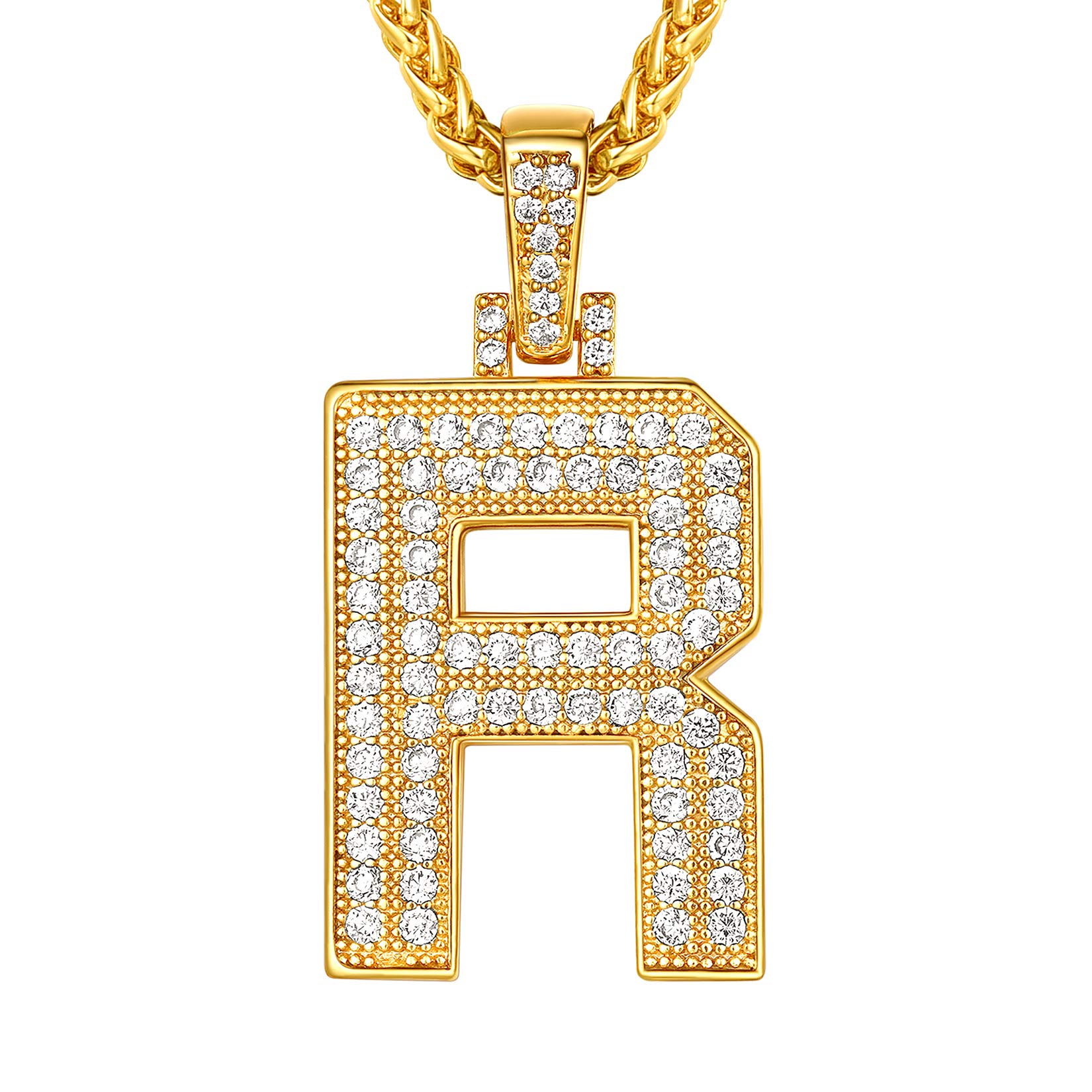 Suplight Bling Bling A-Z Letter Pendant Necklace, Cubic Zirconia CZ Pave Alphabet Initial Pendant with Stainless Steel Spiga Chain, Personalized Custom Rapper Hip Hop Jewelry for Men