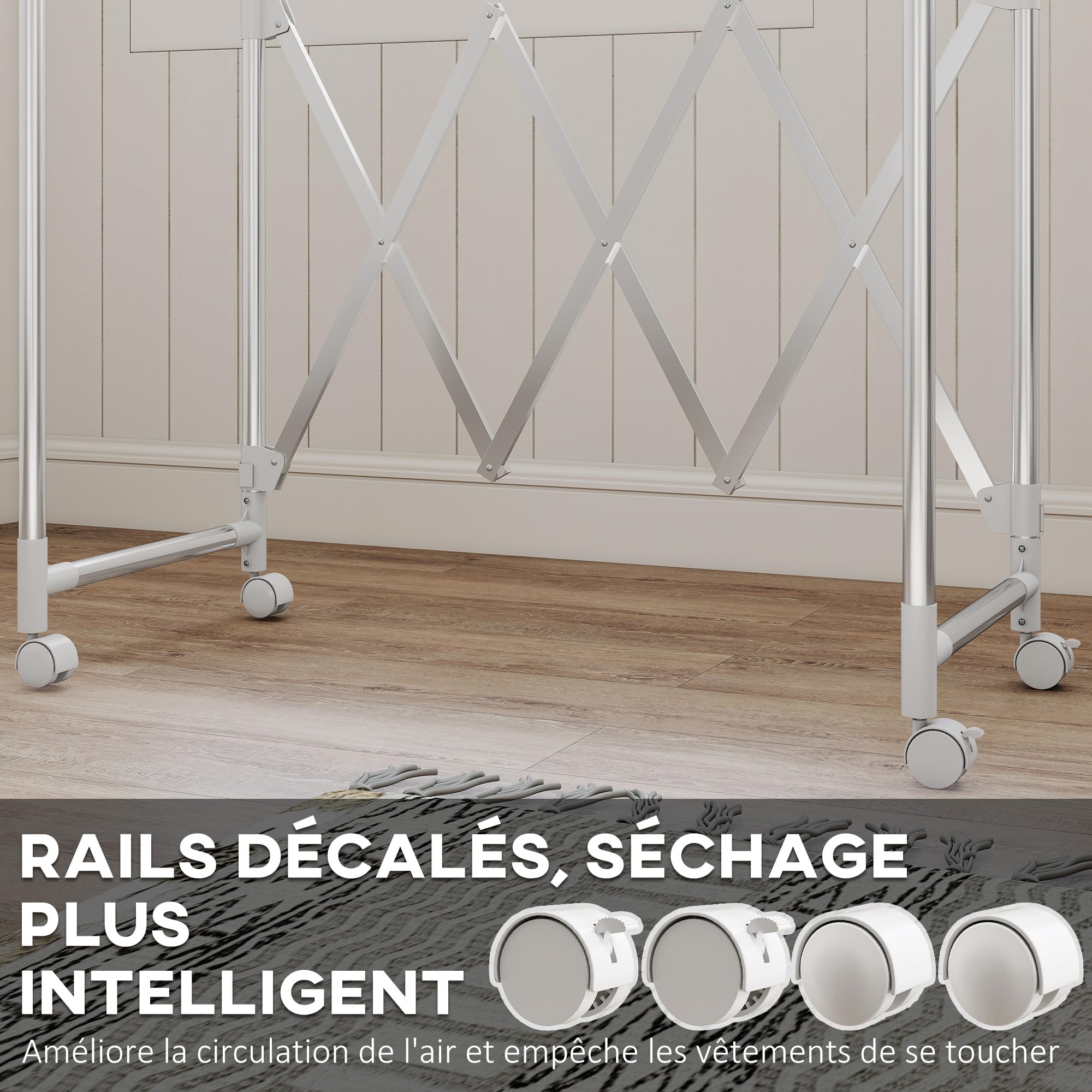HOMCOM Séchoir à Linge Pliable 104-150 x 103 x 145-197 cm Argent