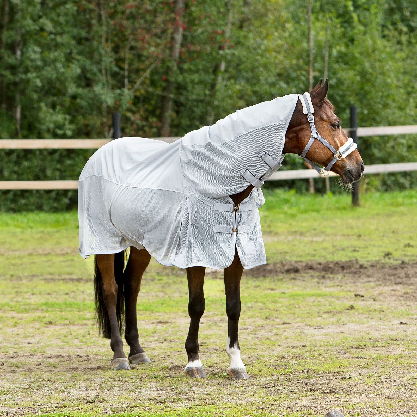 Horze Pferdedecke Nevada Combo, Regendecke und Fliegendecke für Pferd und Pony, Grau, 135