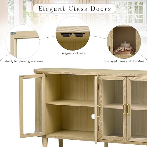 Miniatura 88 de Aparador de armario de almacenamiento curvado con 2 puertas y 2 cajones, mesa consola de entrada de madera de 55 pulgadas con puerta lateral curvada