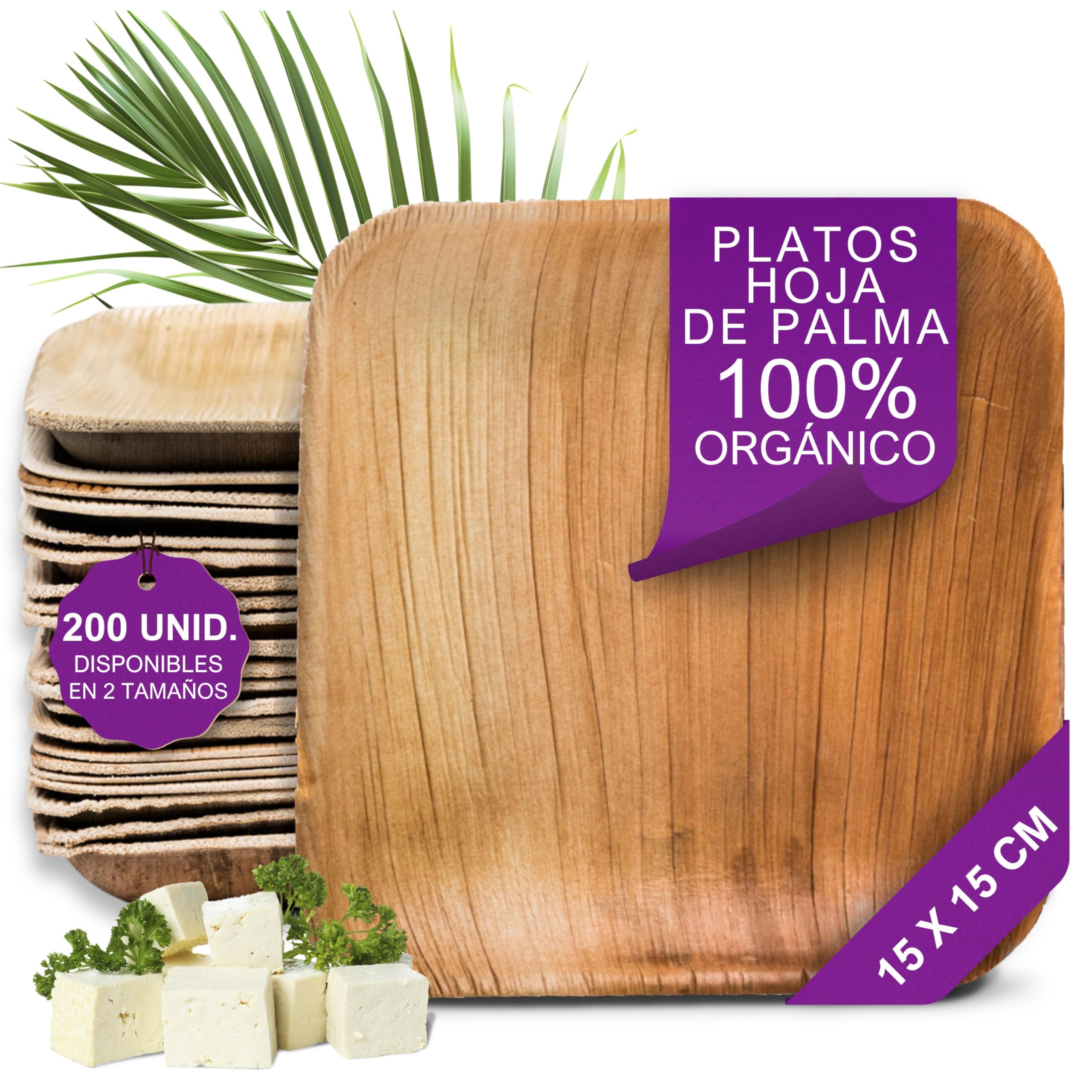 200 Platos Desechables de Hoja de Palma Ecológicos - Cuadrado Pequeño, 15x15 cm - Vajilla Orgánica - Estable, Natural y Compostable - Elegantes para Fiestas - Estilo Madera