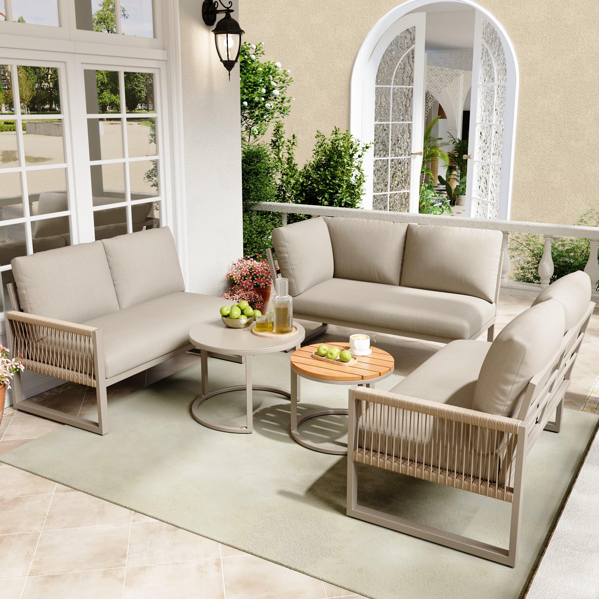 LAKFEW Conjunto Jardin Exterior de 5 Piezas con 2 Mesas y Patas Ajustables, Muebles Jardin Exterior Modular para 6-7 Personas, Sofa Exterior Esquinero con Cojín Cómodo (Beige)