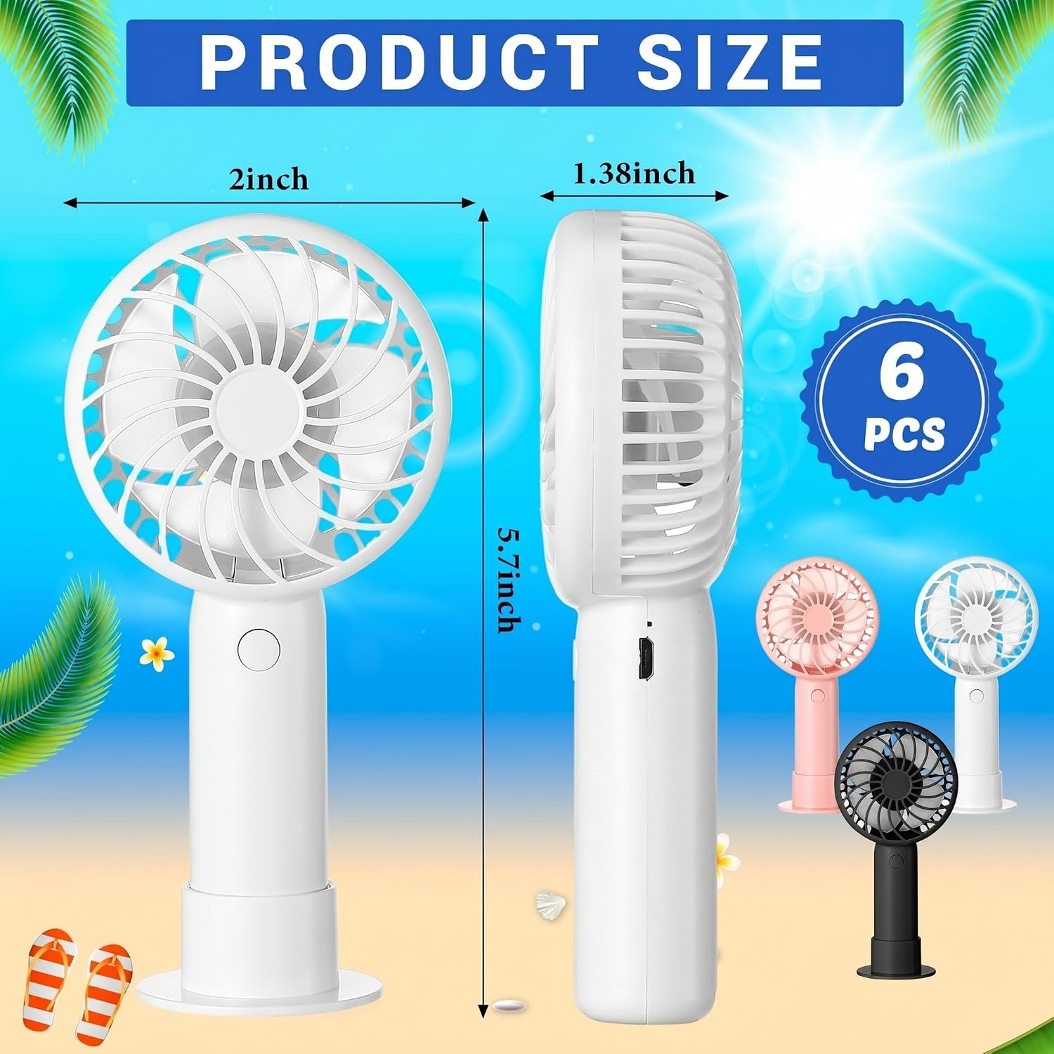 Tujoe 6 Pcs Mini Handheld Fan 3 Speed USB, White, Black, Pink image 2