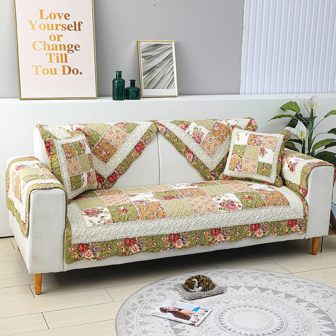 vctops Boho Cotton Patchwork Sofa/Couch Covers Sectional Couch Covers Anti-Slip Sofa Slipcover for Dogs Cats Pet Love Seat Recliner Leather L Shaped, Armrest Backrest Cover (Green,28"x82")