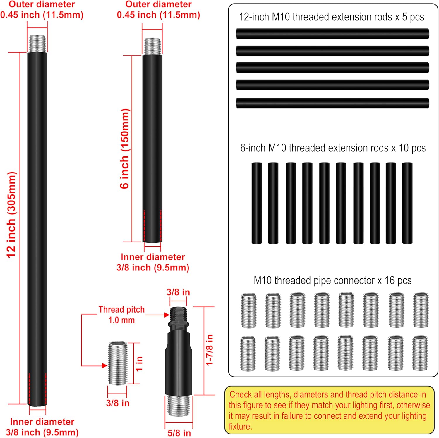 M10 Threaded Extension Poles, 5 PCS 12-inch & 10 PCS 6-inch Lighting Fixture Downrods Stems & 180 Degrees Sloped Ceiling Adapter Kits for Pendant Light, Island Lighting, Chandeliers (Black)