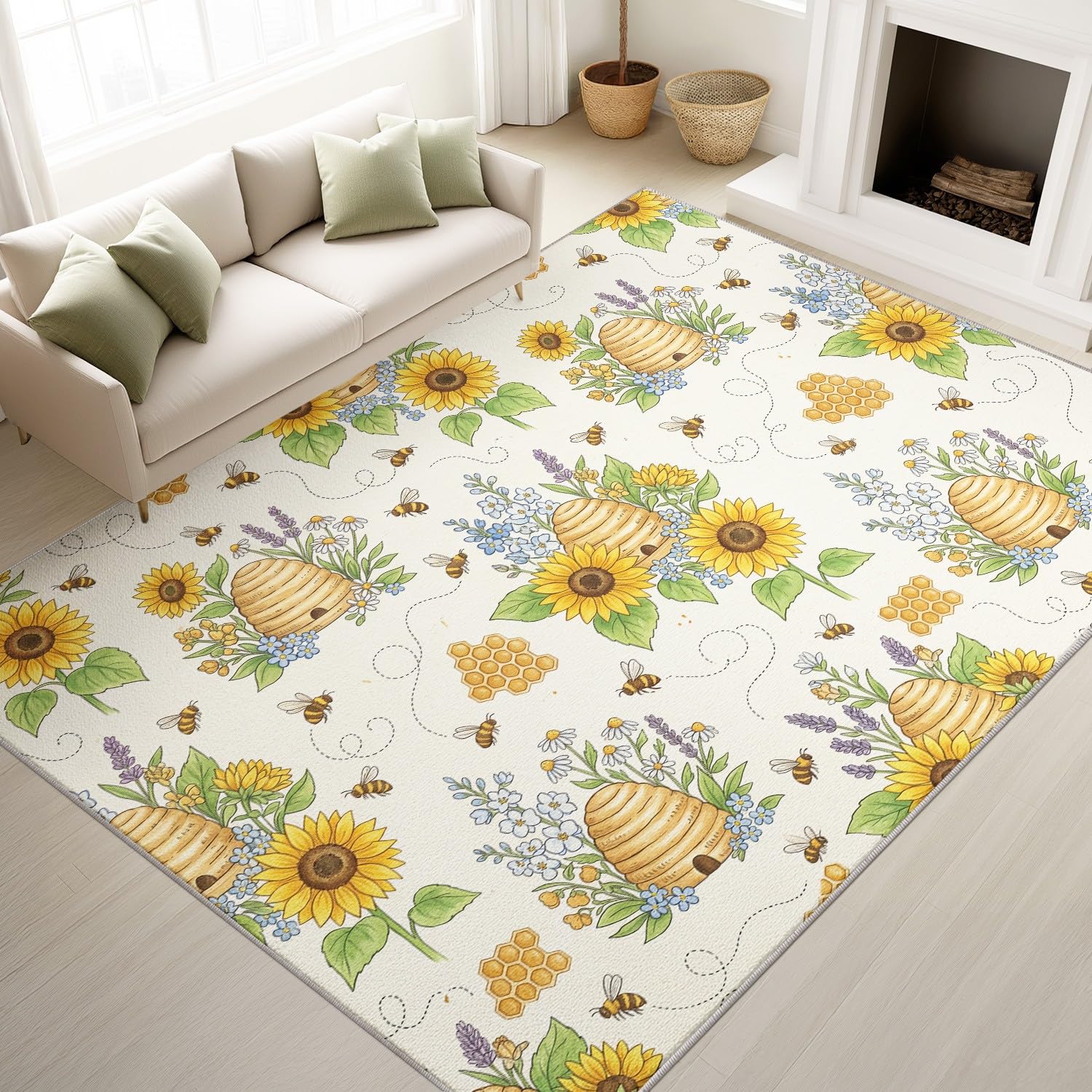 Generisch Waschbarer Wohnzimmerteppich, Landhaus Biene Niedriger Flor rutschfest Teppich, Landhaus Biene Sonnenblume Teppiche für Wohnzimmer Schlafzimmer Kinderzimer 80 x 120 cm Beige