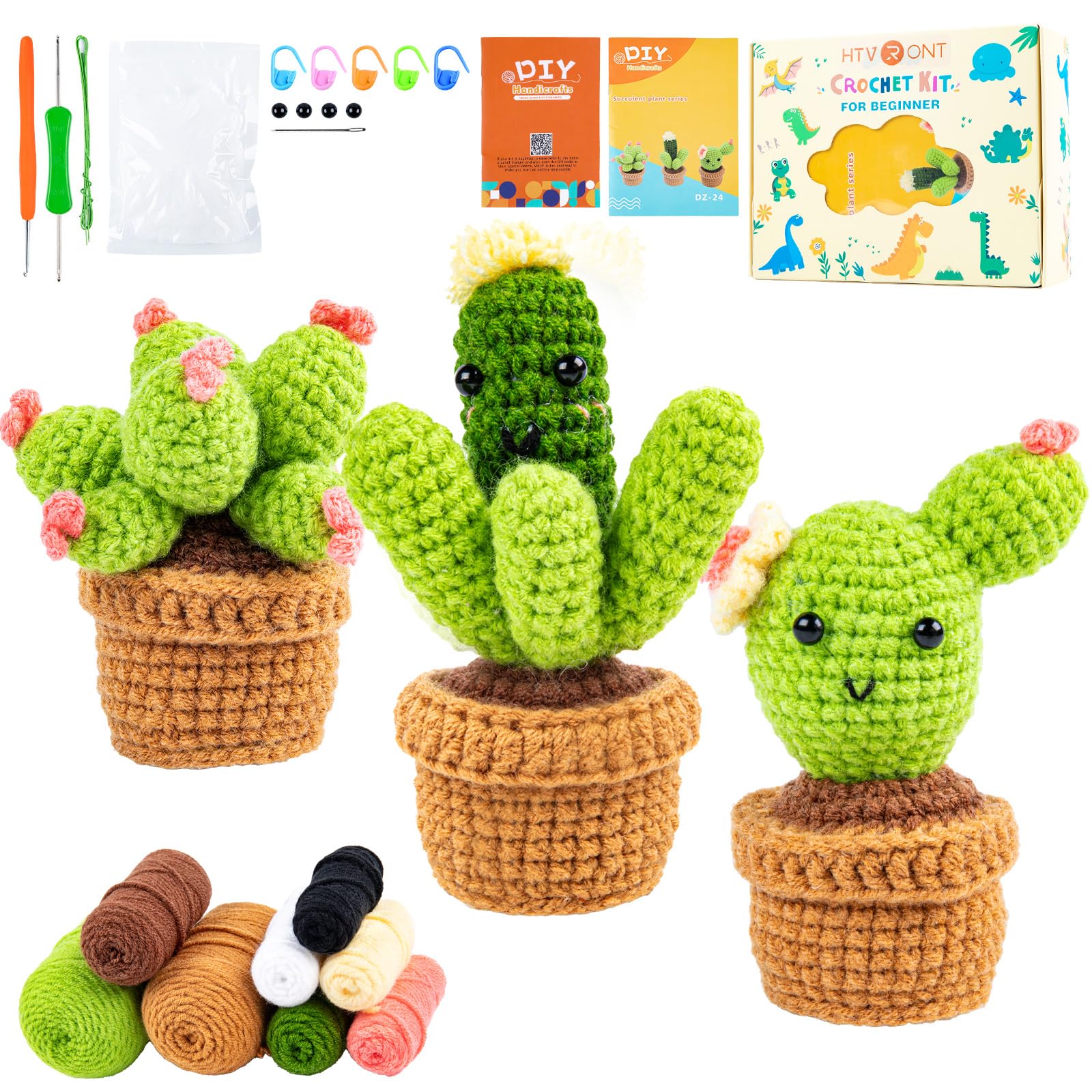 HTVRONT Crochet Kit for Beginners - Complete Crochet Kits with Stitch by Stitch Video Tutorial, Beginner Crochet Kit for Adults Kids Gift - Starter Easy Learn to Crochet Succulent Plants Family
