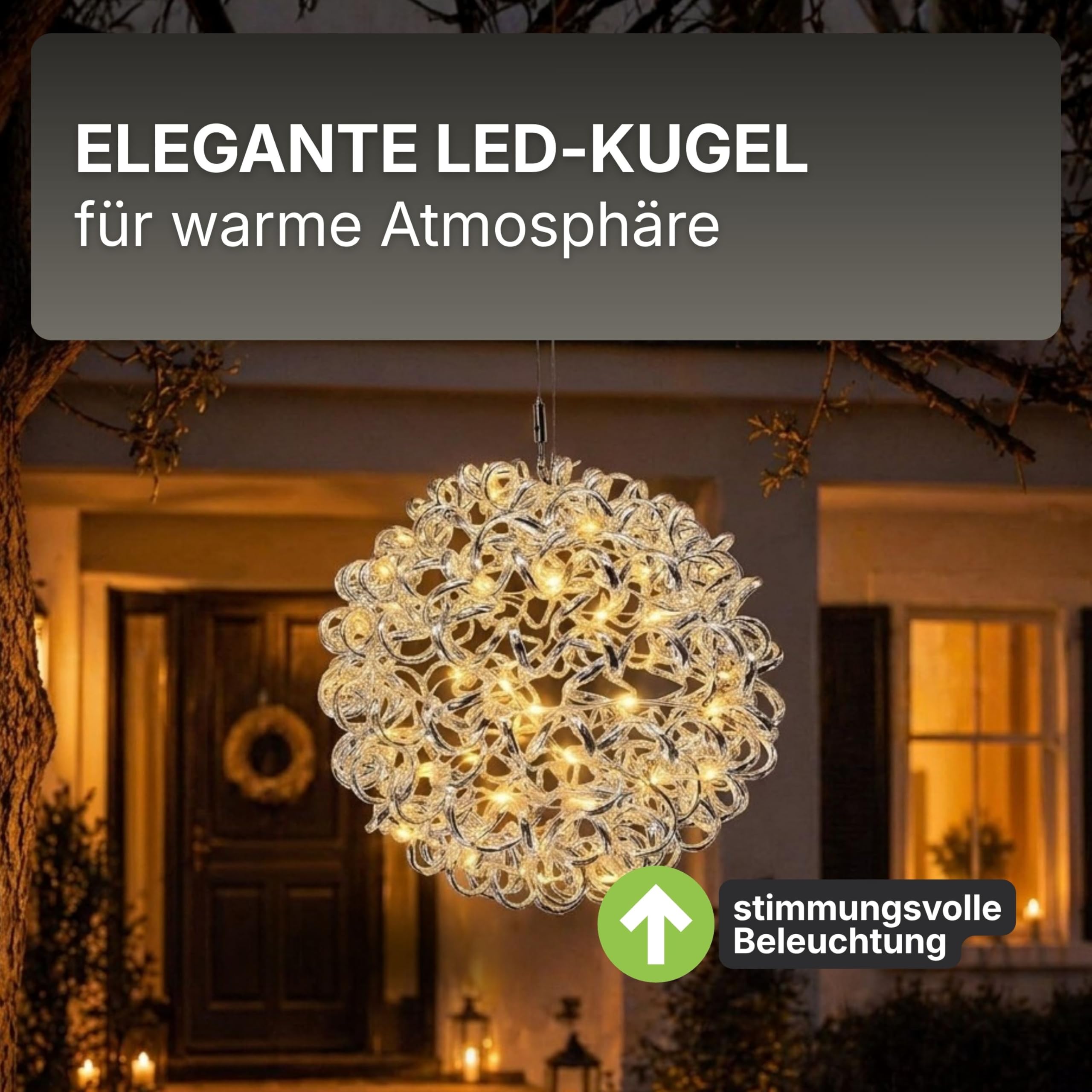 Gartenpirat Kugel 40 cm aus Silberdraht Aluminium 200 LED warmweiß mit Timer Weihnachtsdeko für Innen & Außen