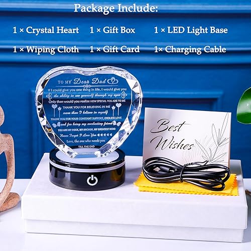 Miniatura 5 de Regalos para papá con base LED colorida, regalo significativo de cumpleaños para papá de hija, hijo, corazón de cristal para mi papá, regalo para