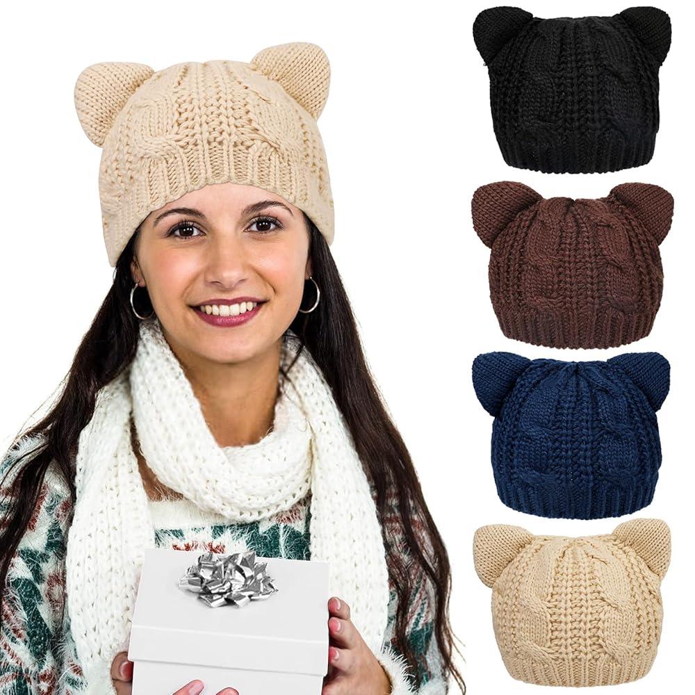 4 Pieces Cat Ear Beanie Hats, Cute Cat Knitted Hat Winter