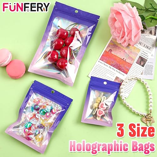Miniatura 10 de Funfery Paquete de 300 bolsas holográficas de Mylar de 3 tamaños con ventana transparente, bolsas resellables, bolsas a prueba de olores, bolsas de