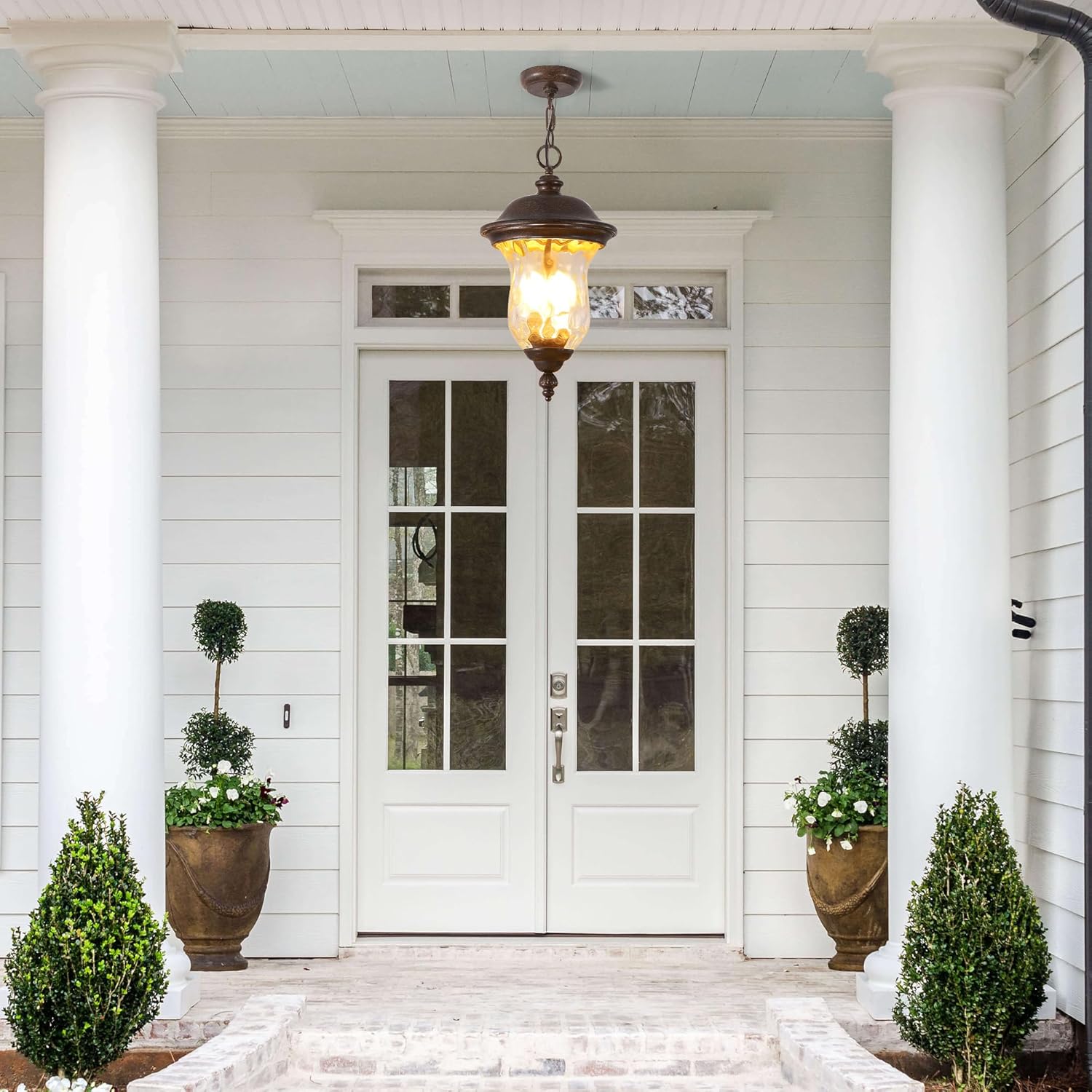 19.3'' Large Outdoor Pendant Light Fixtures, 2-Light Exterior Hanging Lantern Porch Light Adjustable, Black Farmhouse Outdoor Chandelier Ceiling Mount for Entrance Patio