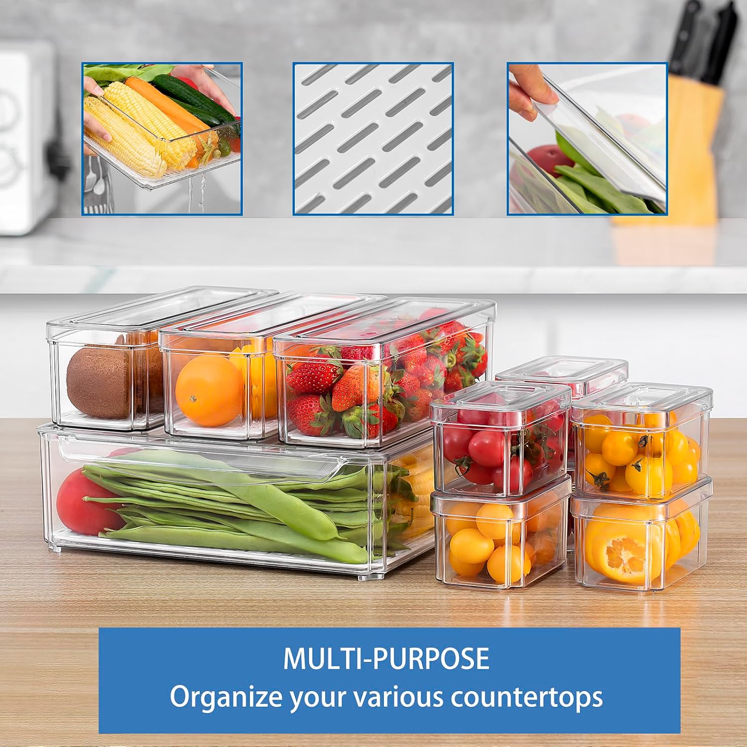 [10 Pack] Feshory Clear Stackable Fridge Organiser Bins with Lids & Drain Tray, Large Size Plastic Food Storage Containers for Fruit & Vegetable Storage, Kitchen Storage & Organisation