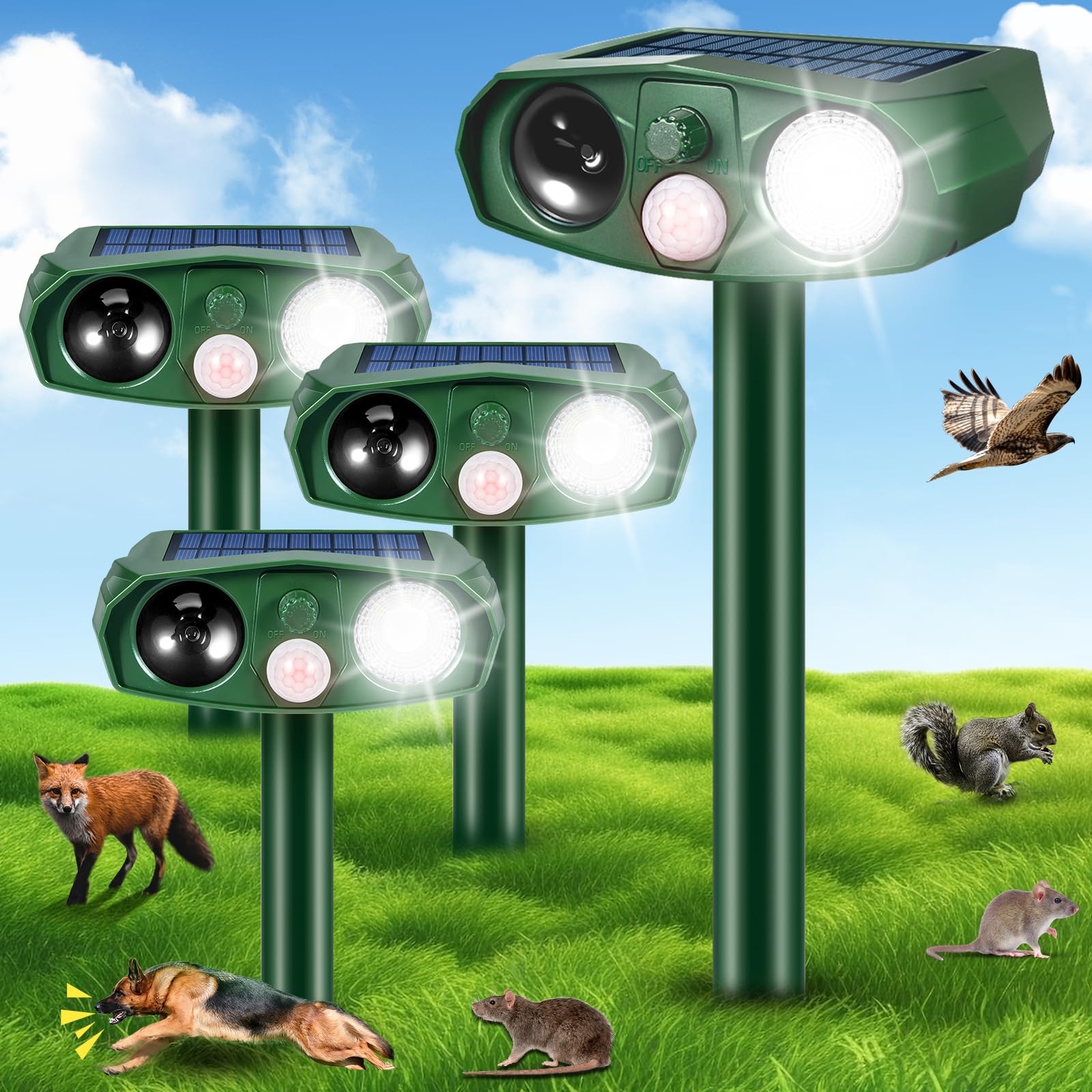 Paquete de 4 repelentes solares ultrasónicos de animales para exteriores, dispositivos disuasorios de ciervos con sensor de movimiento, repelente solar de ganso