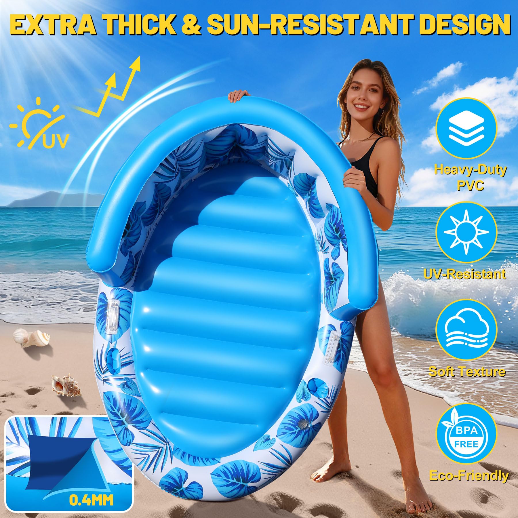 Luxfero Luftmatratze Pool Erwachsene, 160 x 100 cm Pool Matratze mit Rückenlehne, Aufblasbarer Sonnenpool für Erwachsene mit Getränkehalter und Handyhalter, Wasser Pool Luftmatratze für Strand, Garten